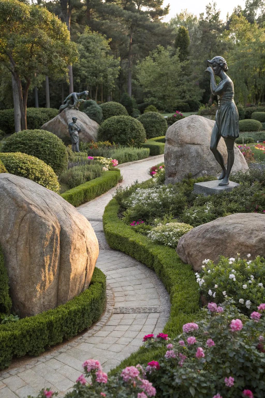 Sculptures and boulders together create artful garden sophistication.