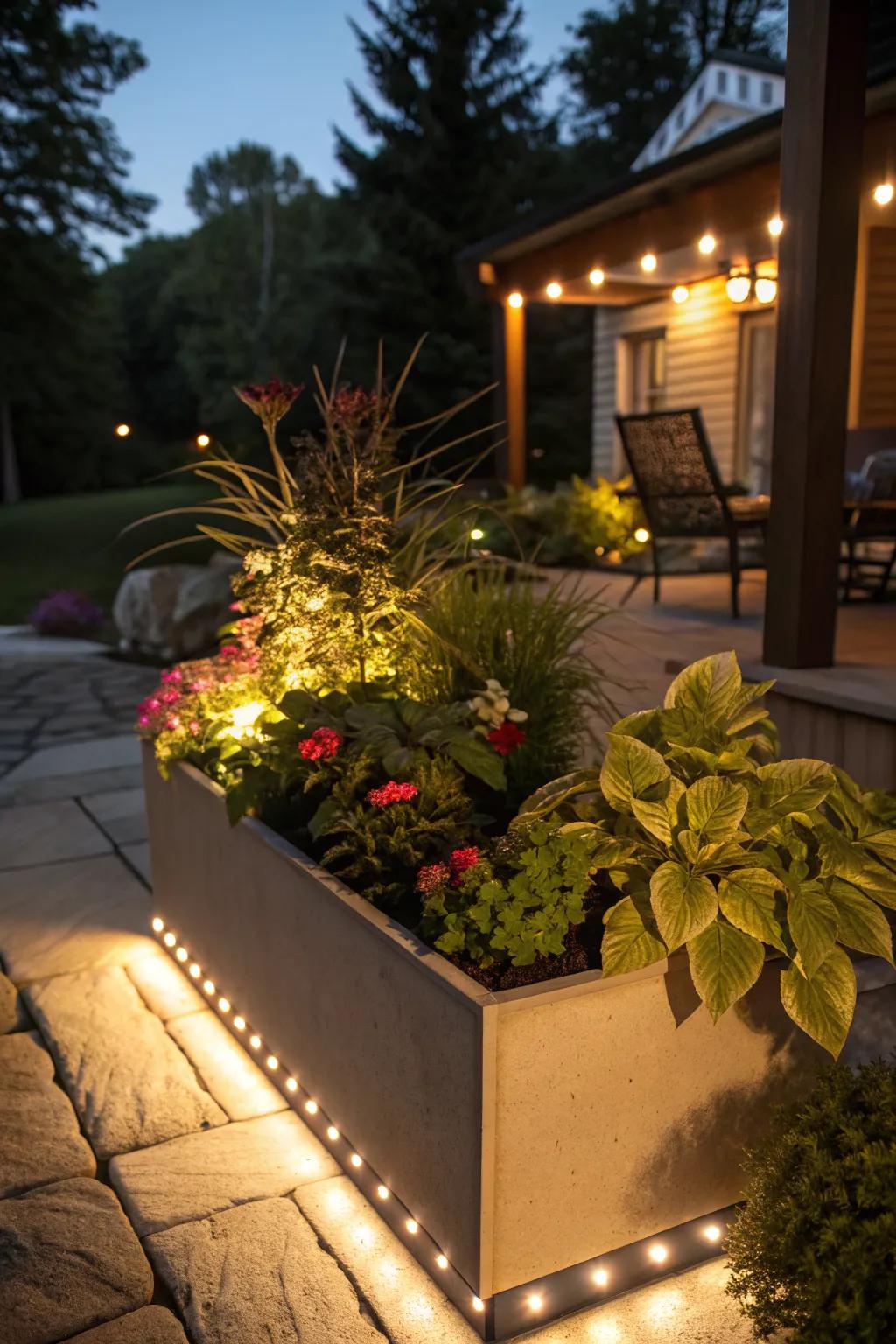Lighting in planter boxes adds a magical evening glow.