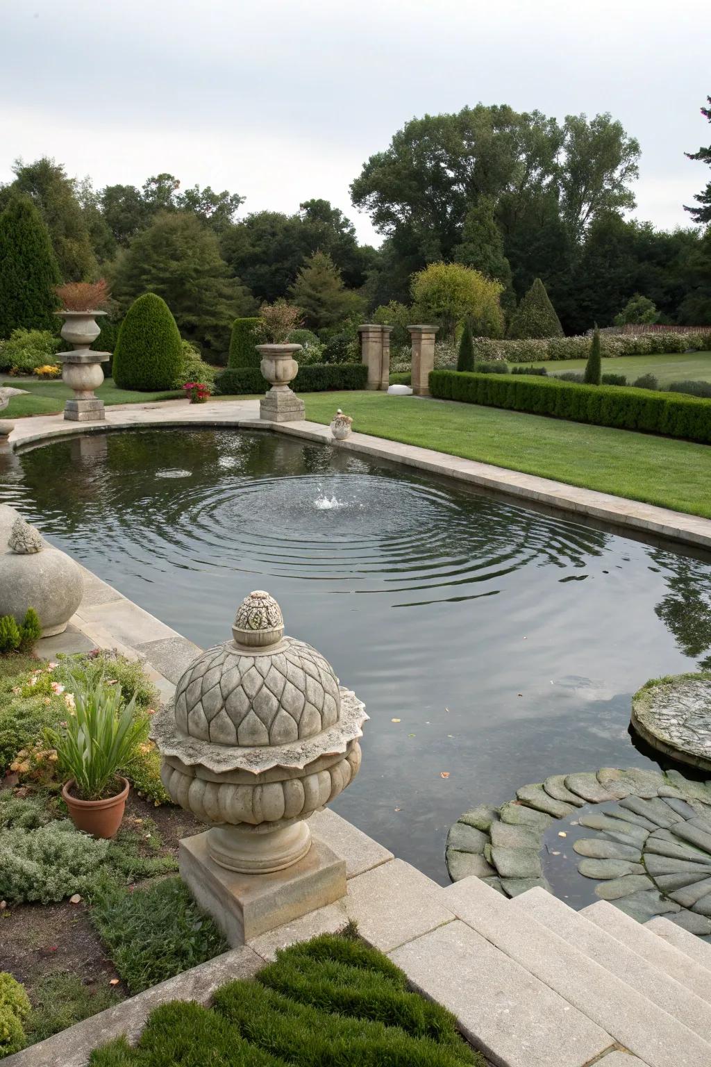 Stone sculptures add artistic flair to a large pond.
