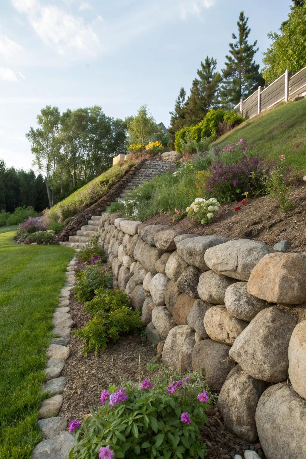 A rustic retaining wall made from large river rocks.