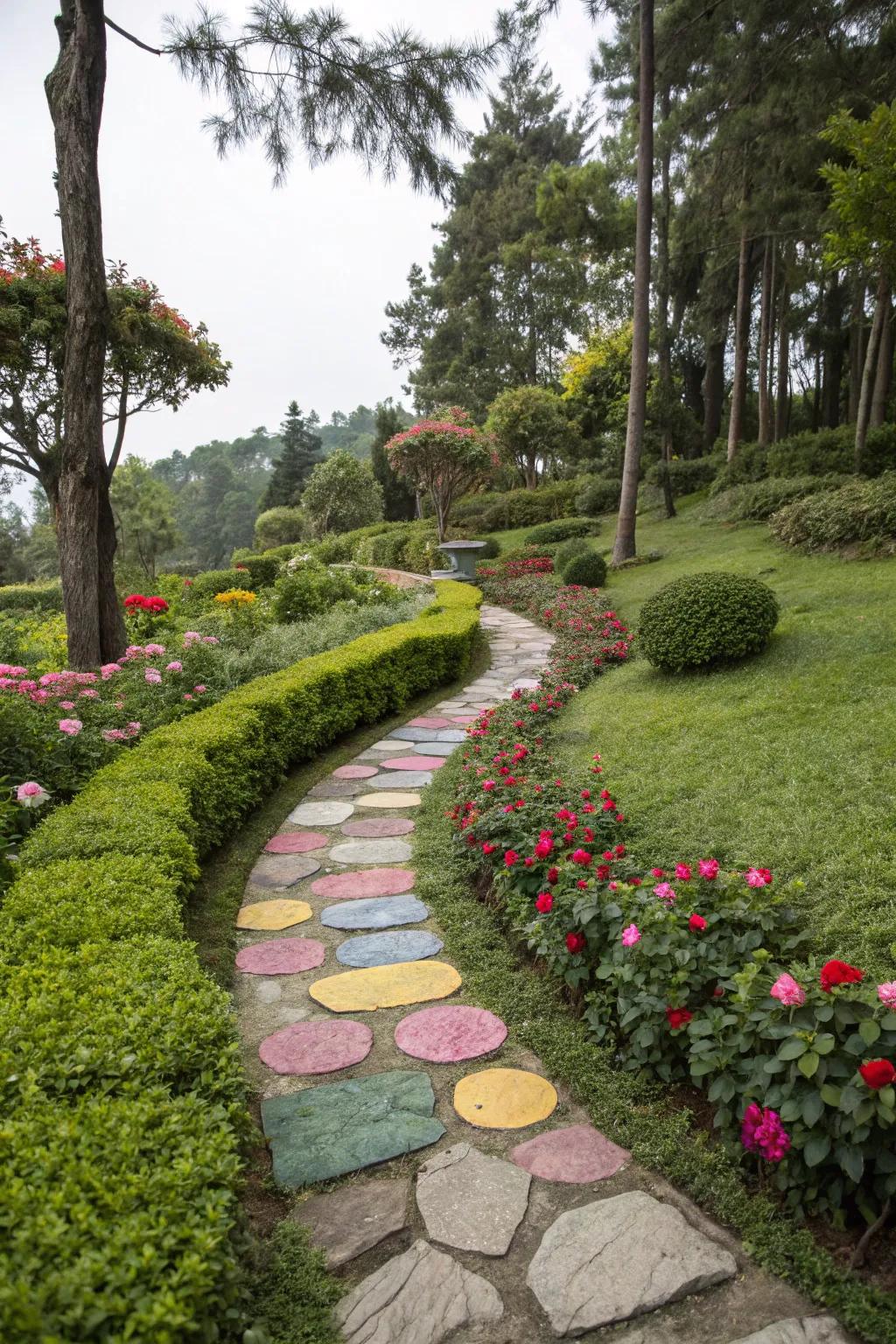 Colorful stones add vibrancy and personality to the path.