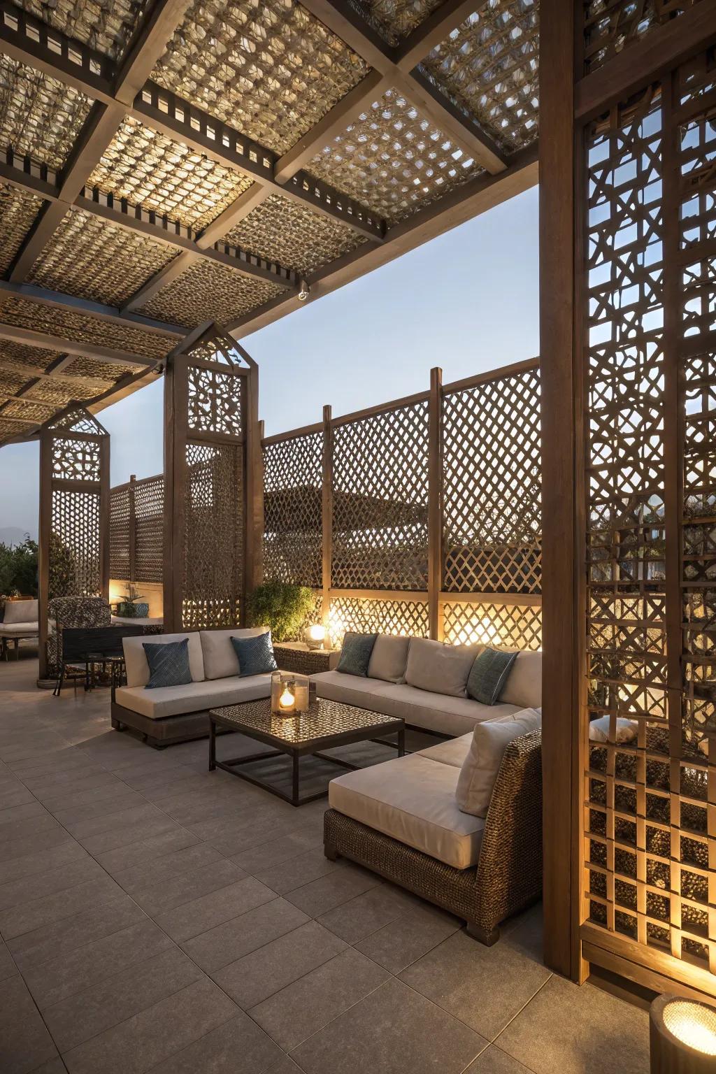 A cozy outdoor lounge, perfect for relaxation, enclosed by lattice panels.