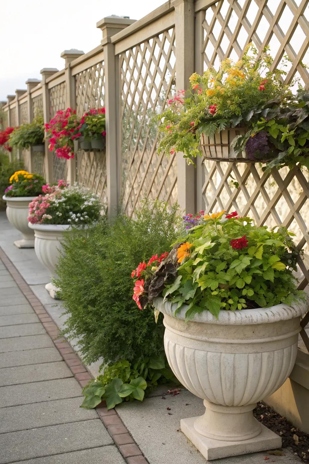 Add planters to your lattice fence for extra greenery and charm.