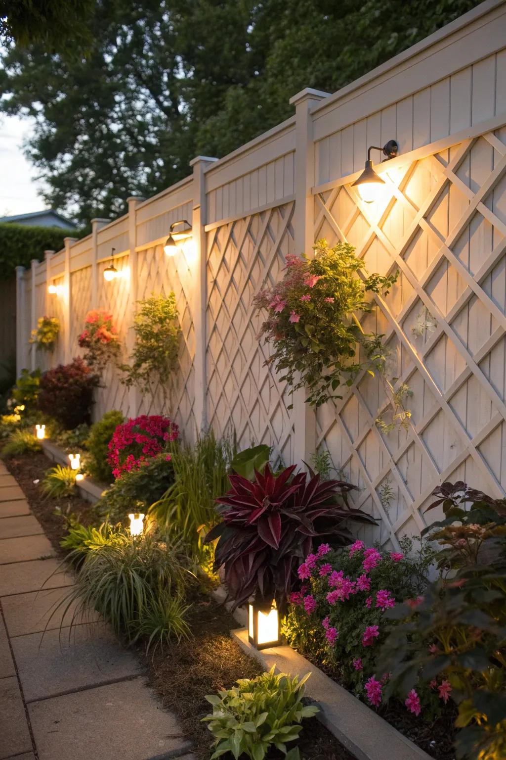 A lattice accent wall adding texture to a garden.