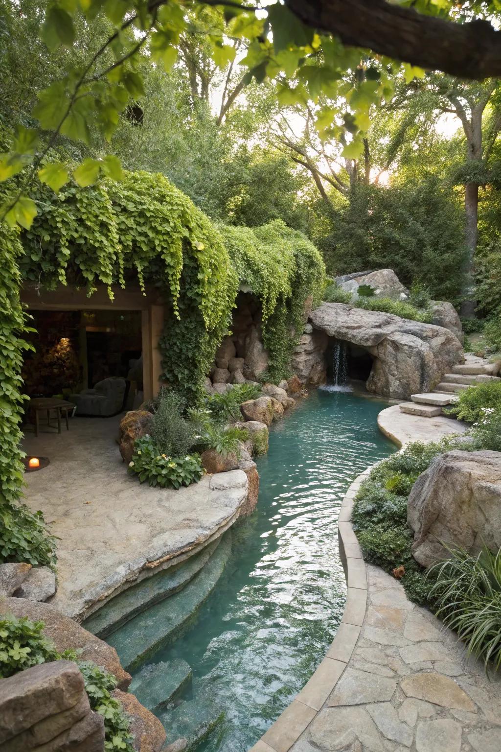 A lazy river pool with a hidden grotto, offering a mysterious and secluded retreat.