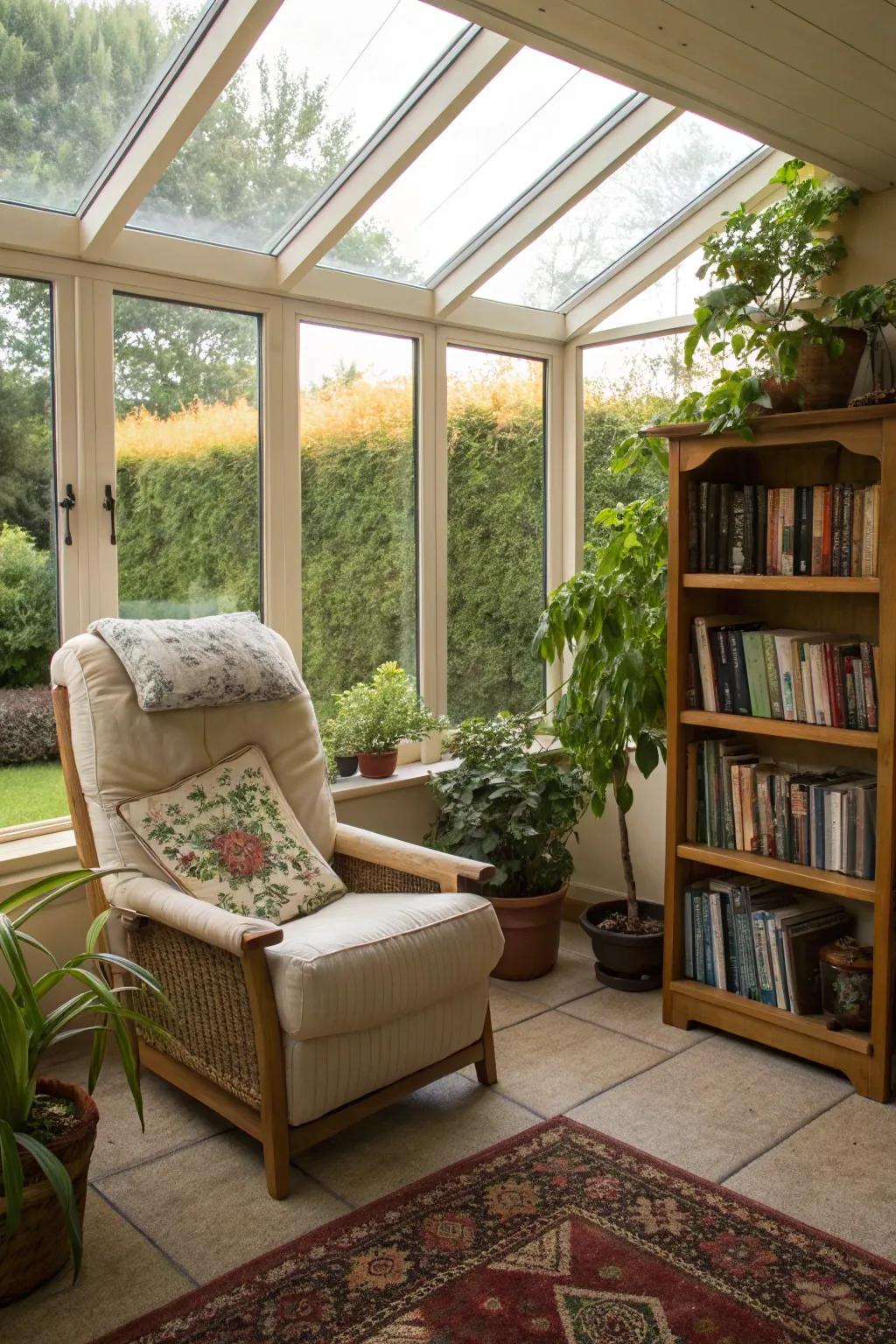 A cozy reading nook in a lean-to conservatory invites relaxation.
