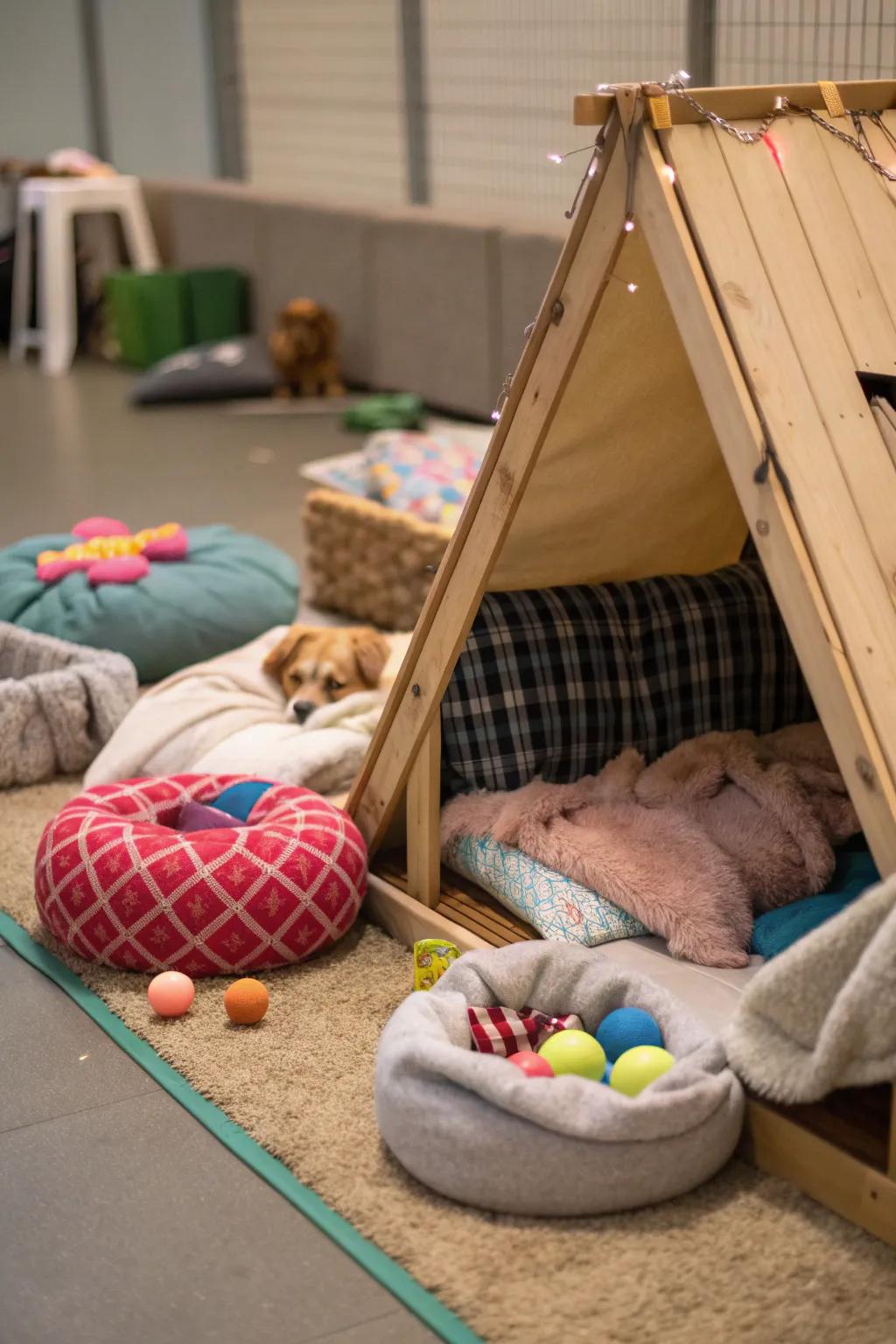 A pet palace retreat nestled within a lean-to.