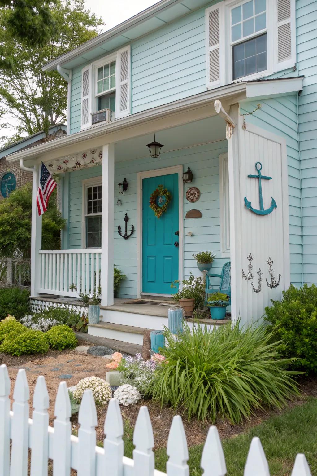 A teal door enhances a coastal and lively atmosphere.