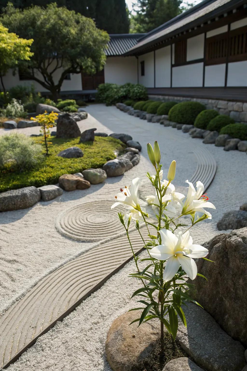 A serene Zen garden with tranquil lilies.