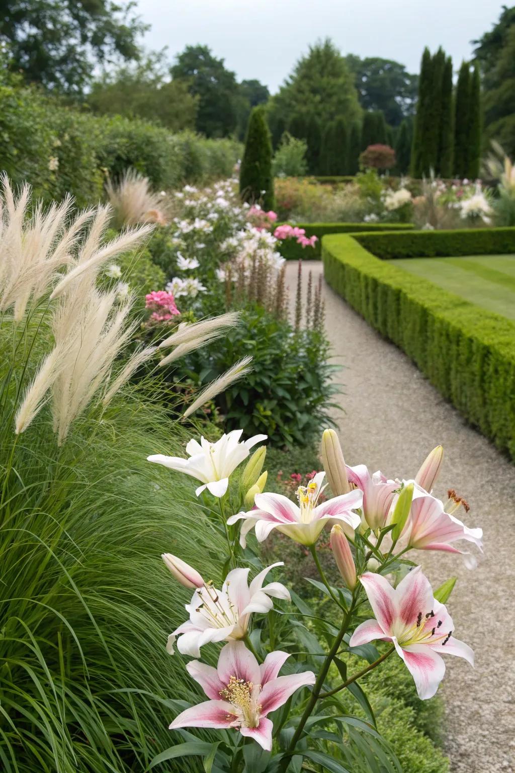 Lilies paired with grasses for a textured look