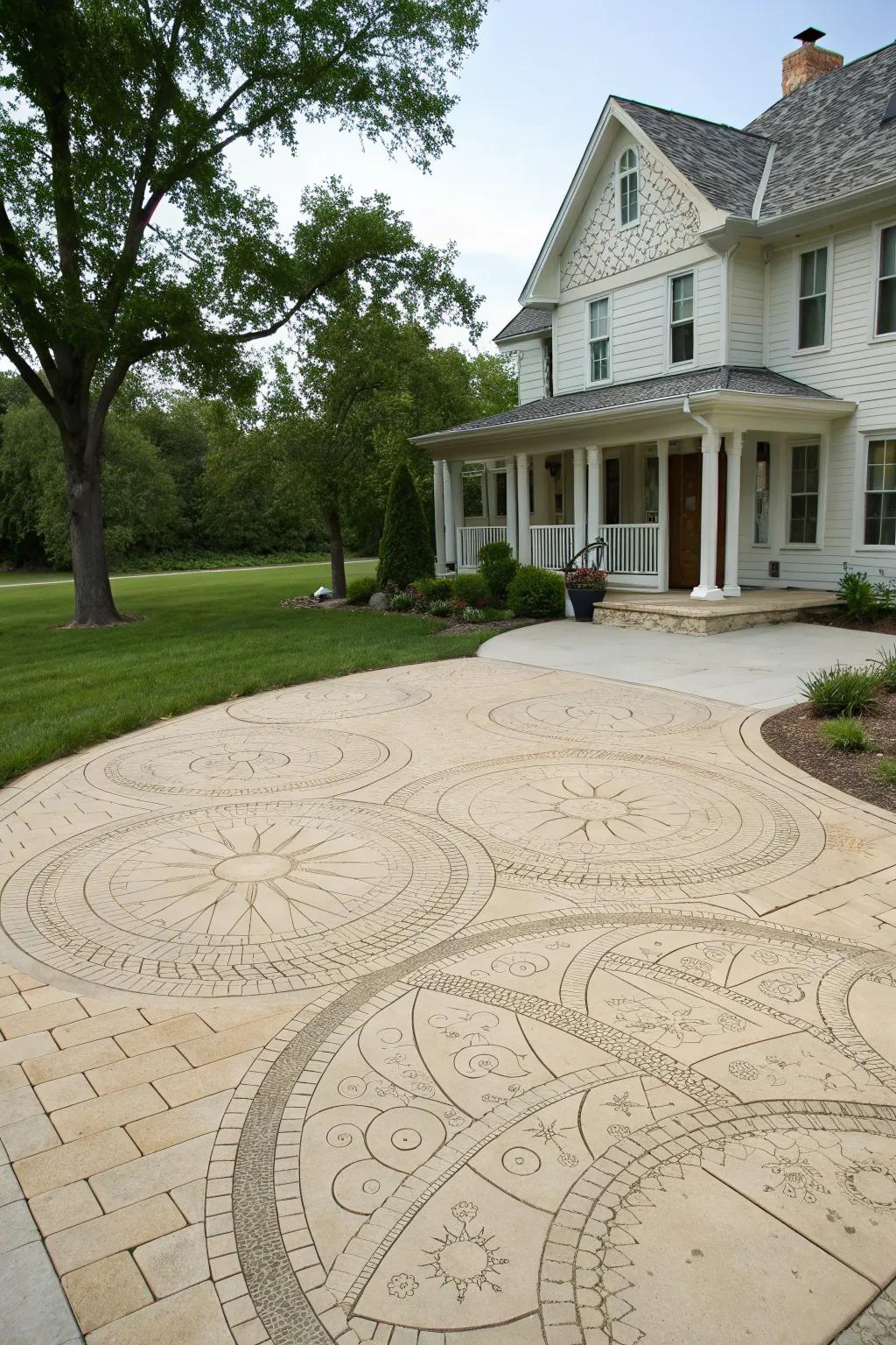 A circular patterned limestone driveway adding artistic detail.