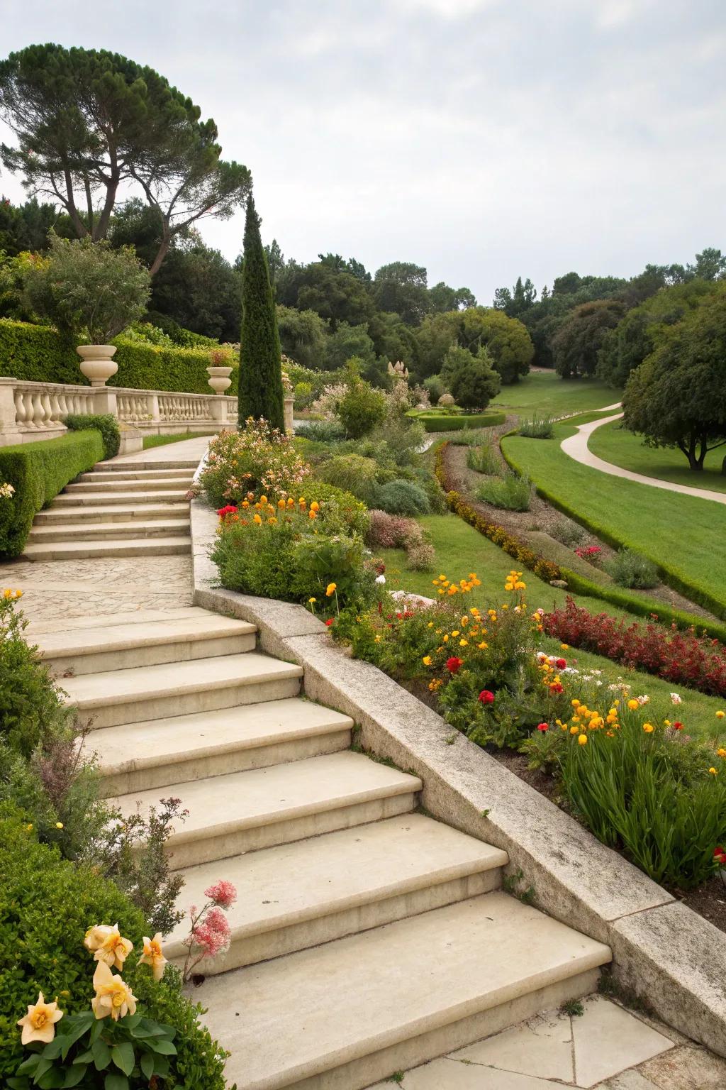 Limestone steps create elegant transitions in the garden.