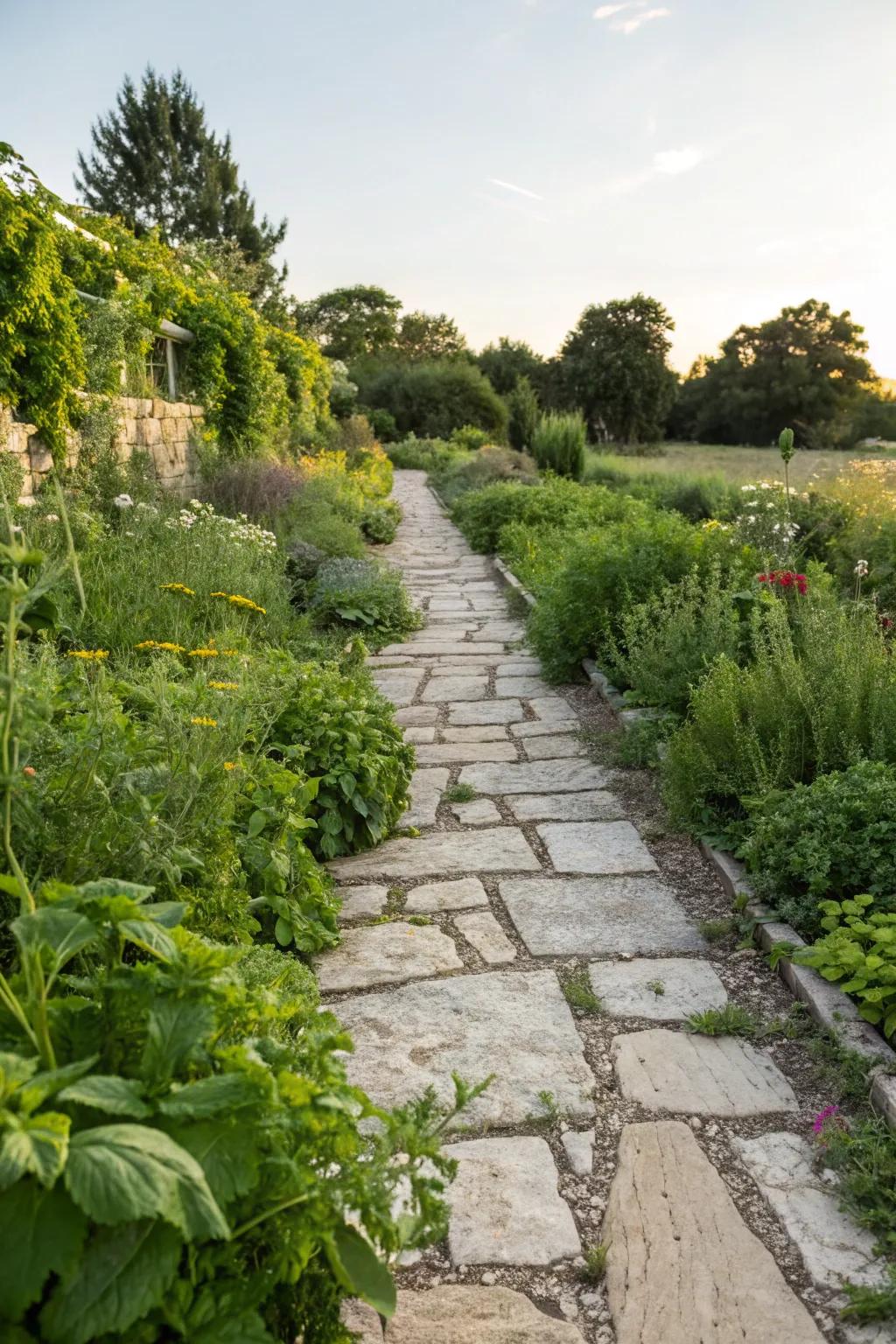 Limestone path bordered by aromatic herbs and edibles.