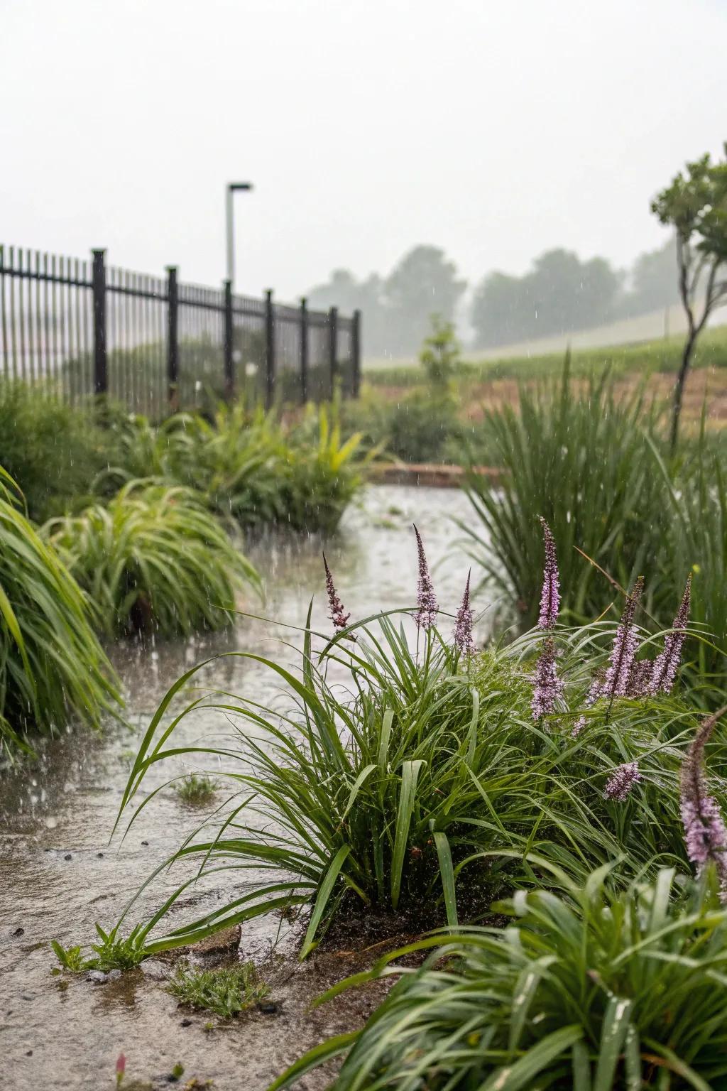 Liriope thriving in a sustainable rain garden environment.