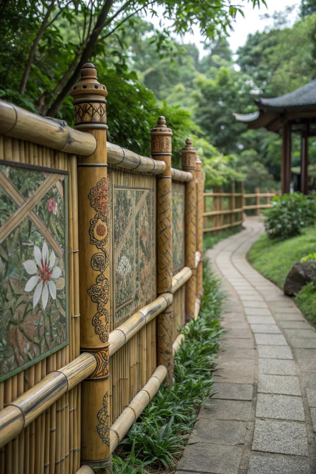 An artistic bamboo fence featuring carvings and painted designs, creating a unique garden centerpiece.