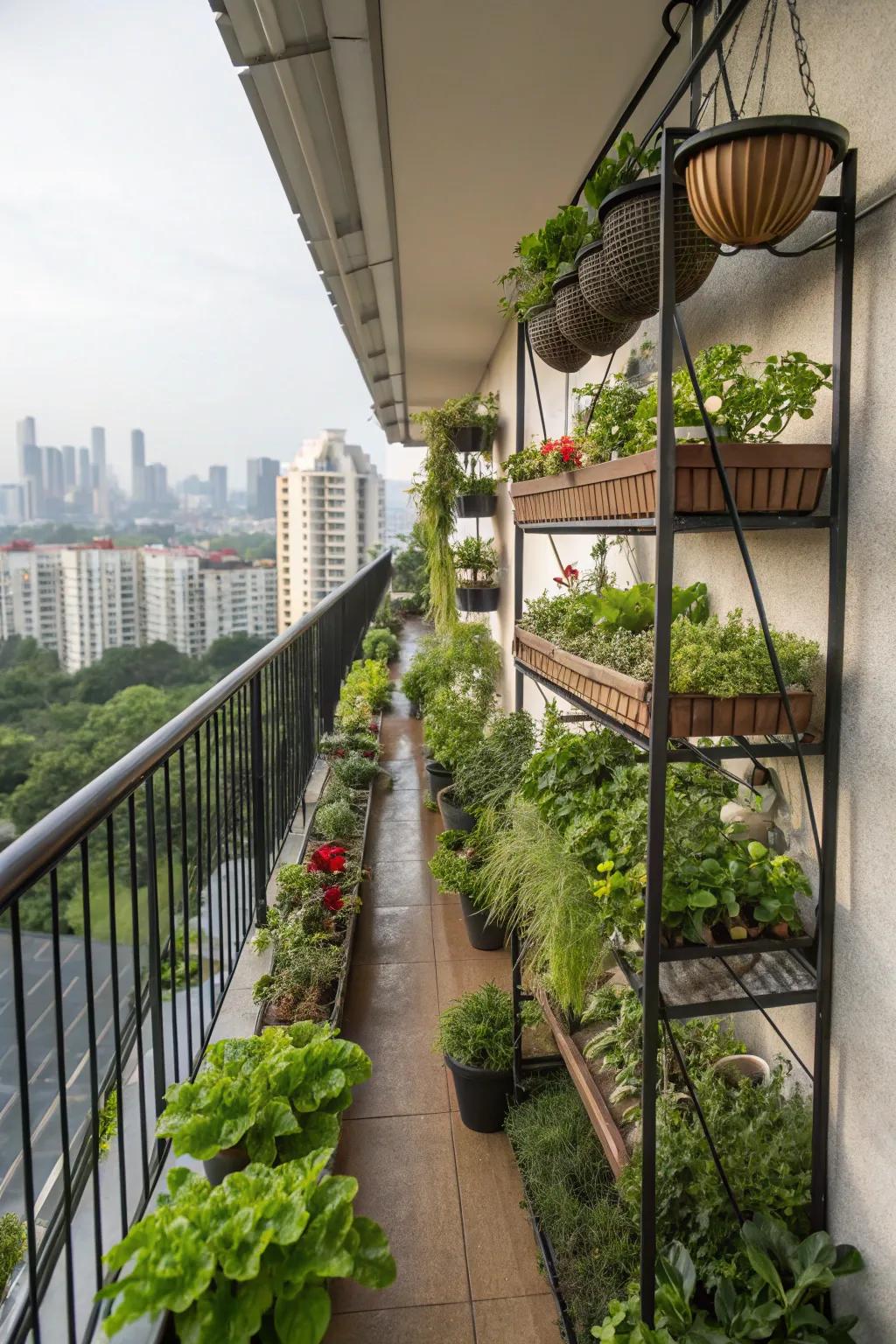 Multi-level planting adds depth and greenery to your balcony.