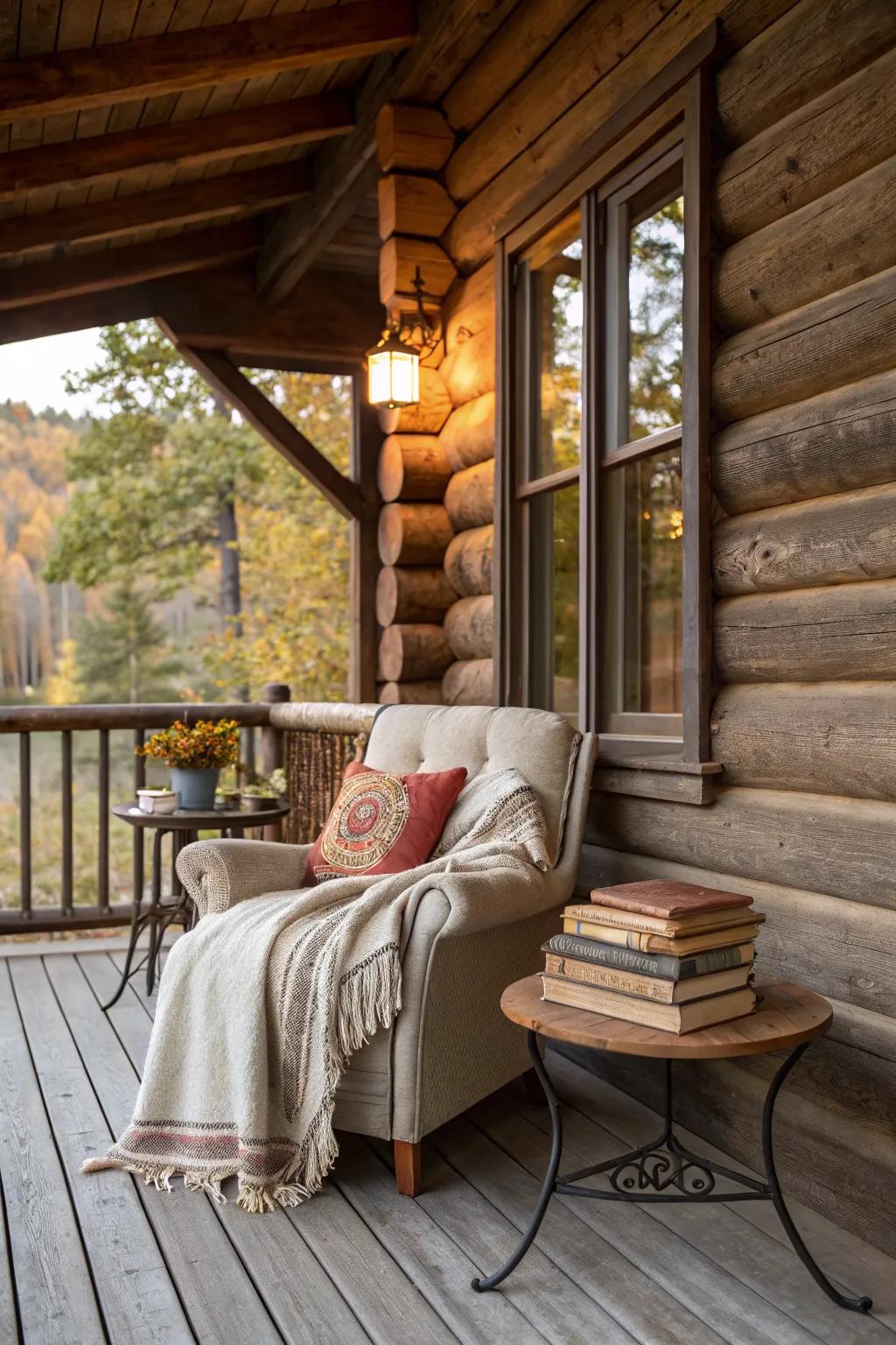A reading nook provides a cozy escape on the porch.