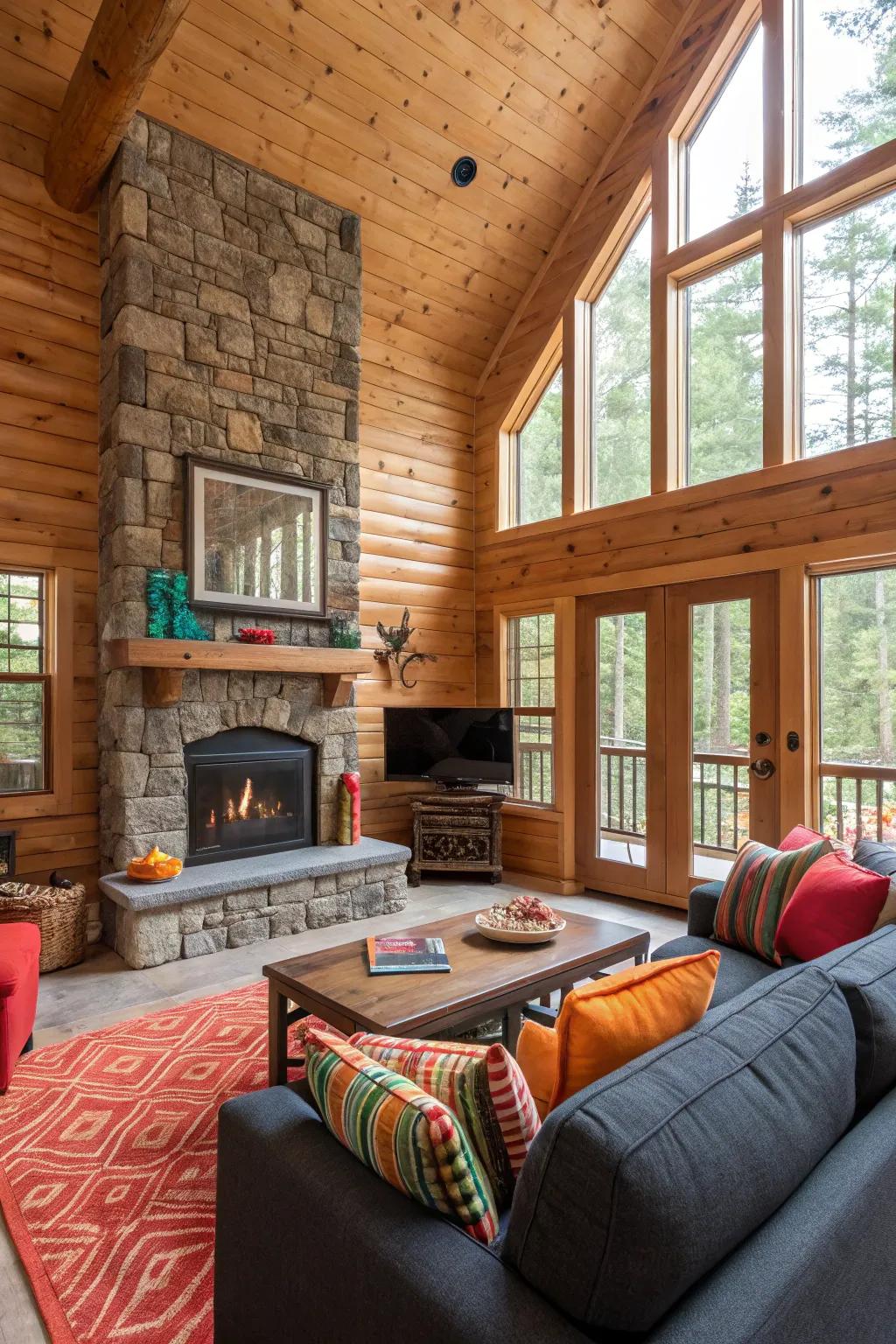 A vibrant log cabin interior featuring surprising color accents.