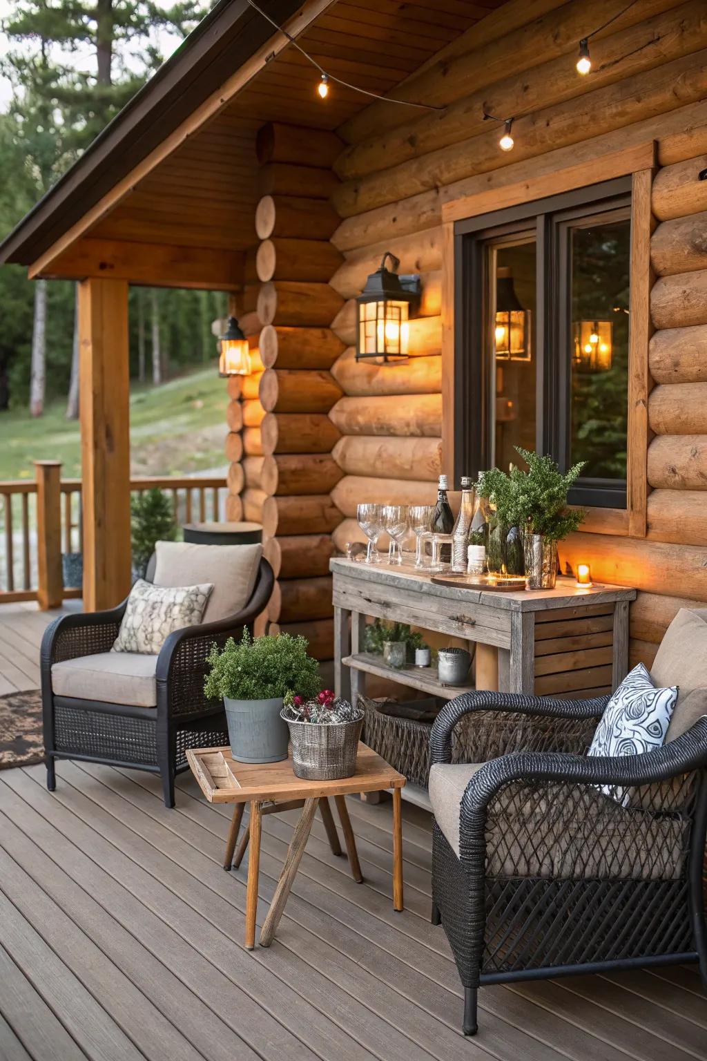 A mini bar area on a log cabin porch, perfect for entertaining and enjoying evenings with friends.