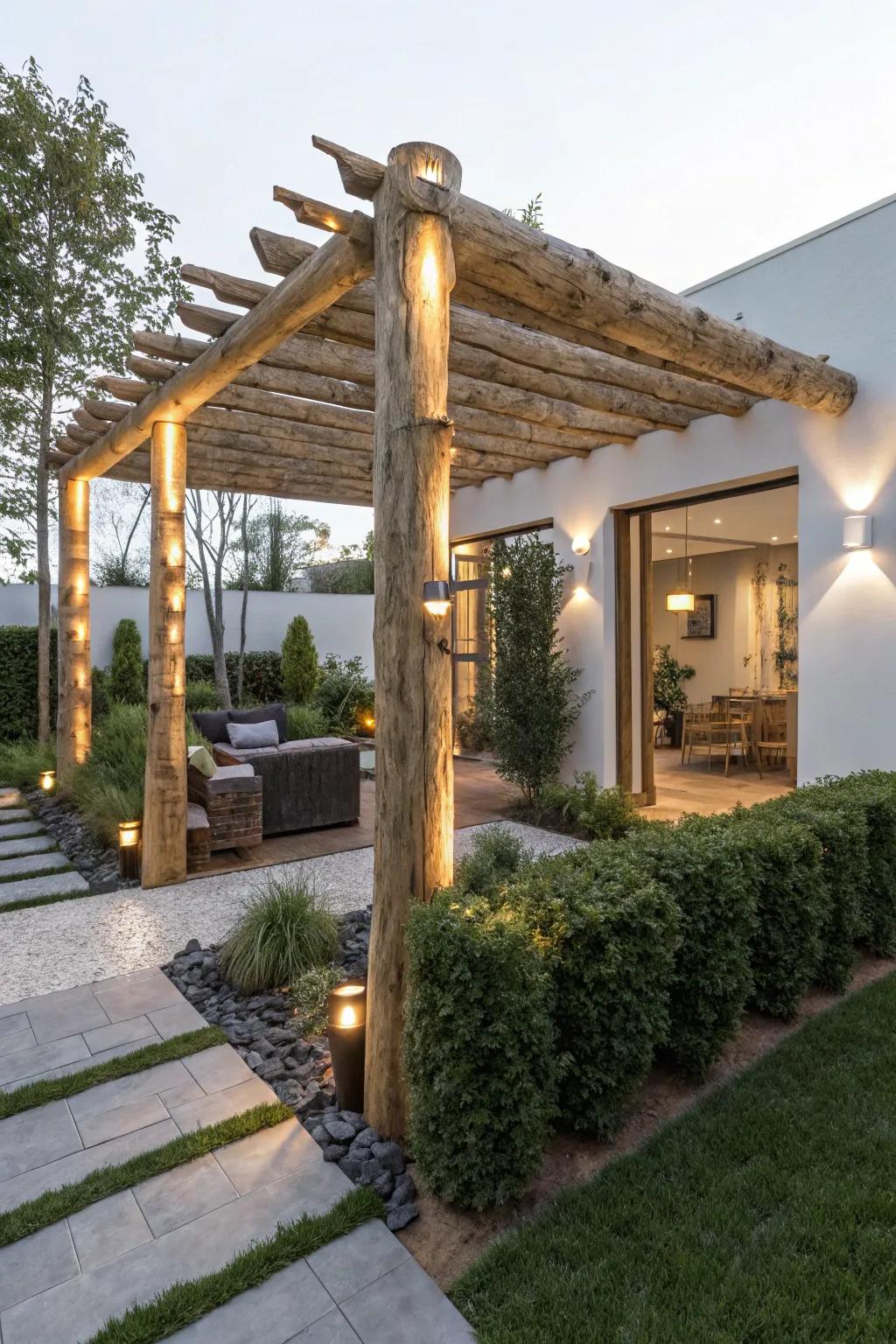 Integrated lighting adds a modern touch to a log pergola.