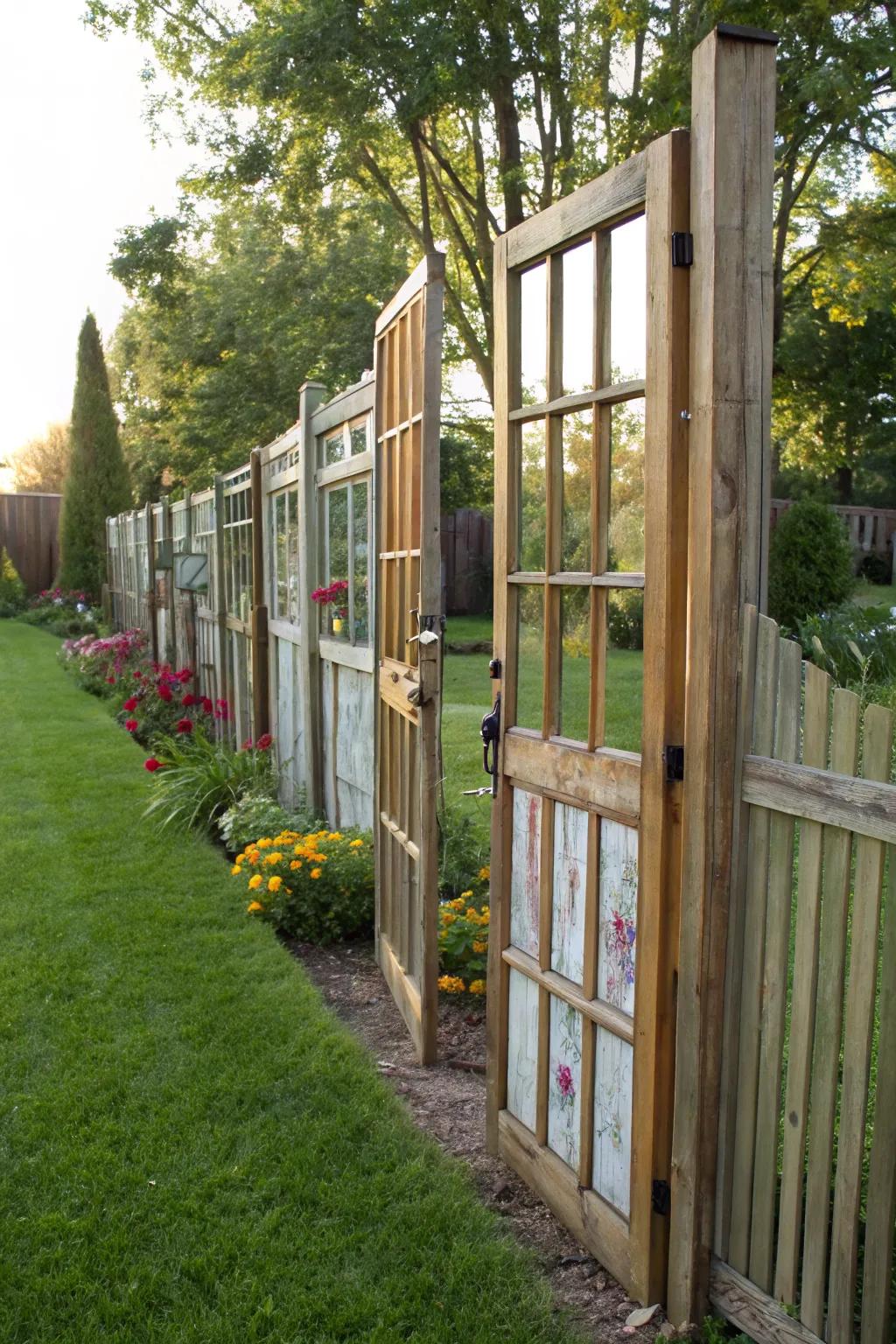 Upcycled materials create a one-of-a-kind garden fence.