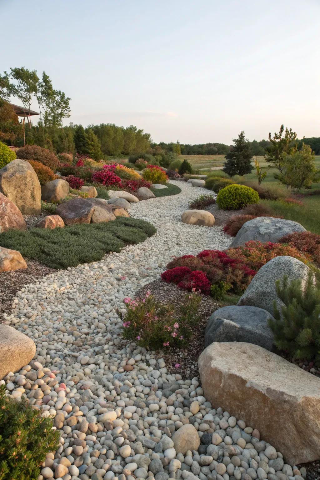 A gravel garden with diverse textures and colors.