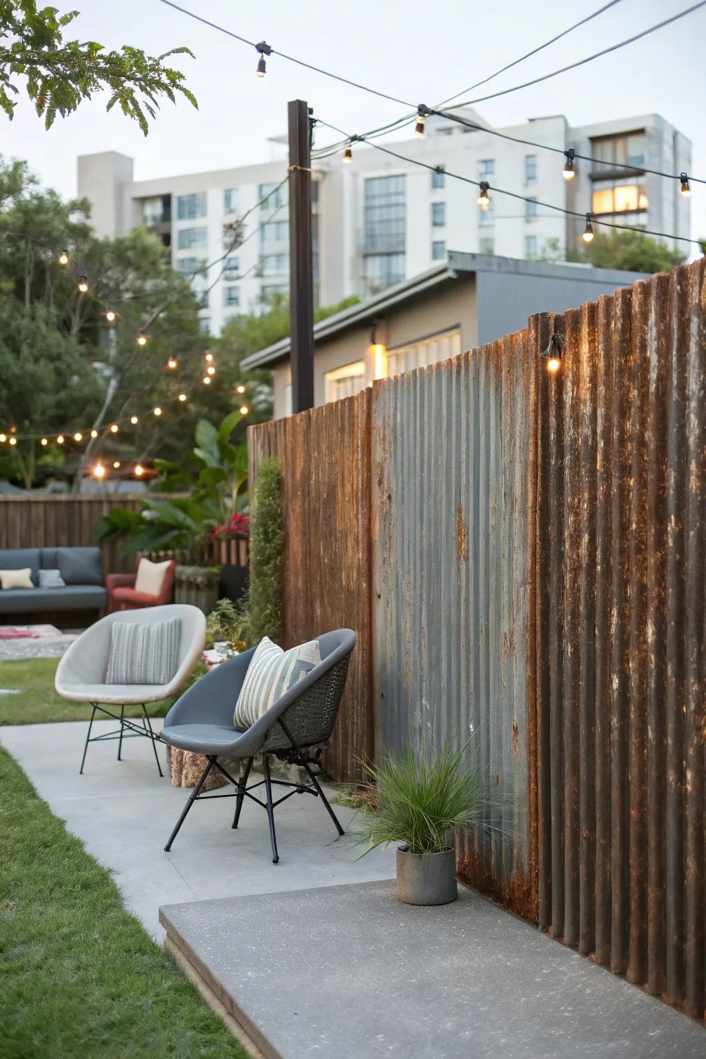 Corrugated metal fences offer industrial style with low maintenance.