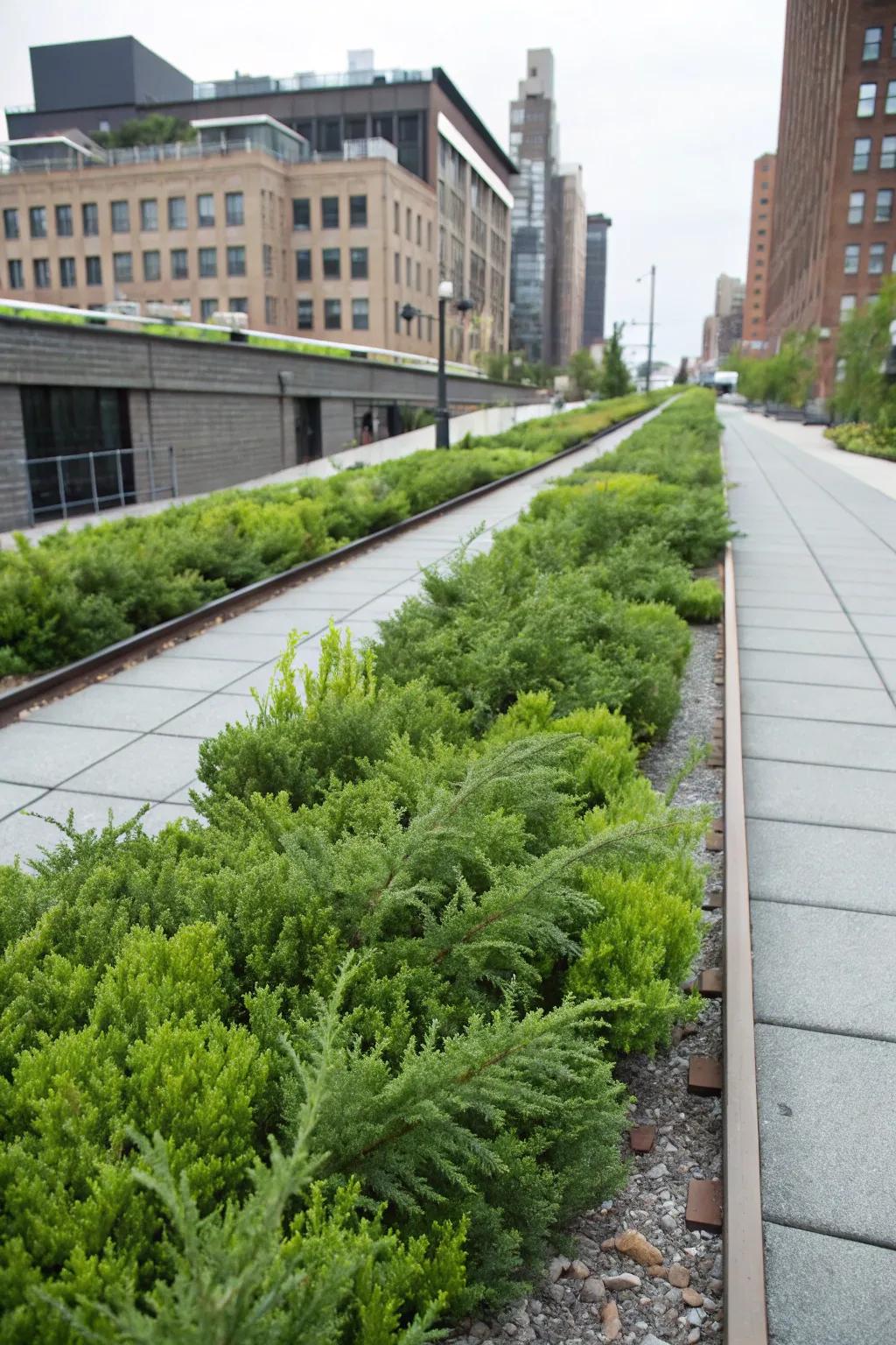 Low-growing plants maintain visibility while adding greenery to your hellstrip.