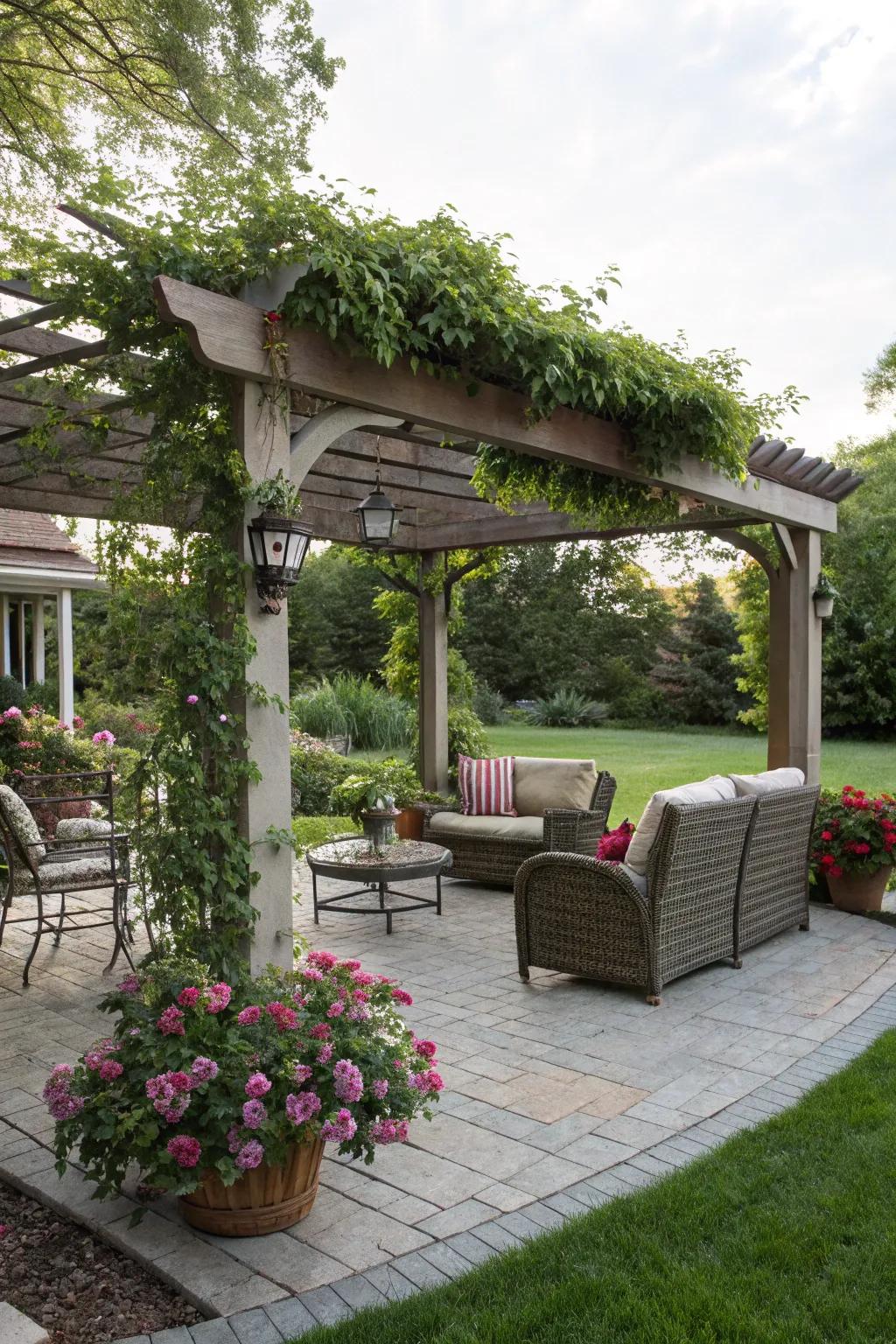 Shade structures enhance comfort and garden enjoyment.