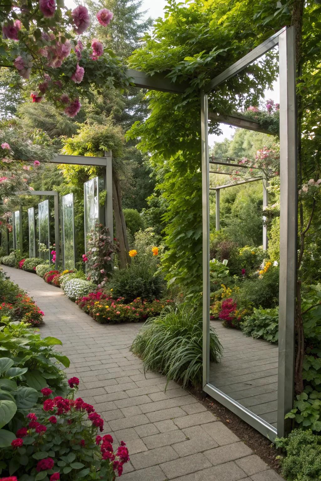 Reflective surfaces creating a sense of space in a modern garden.