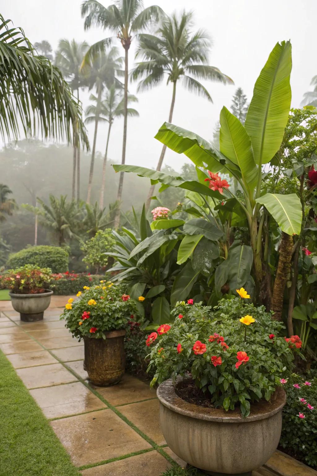 A tropical punch with banana plants and hibiscus, adding an exotic touch to any garden.