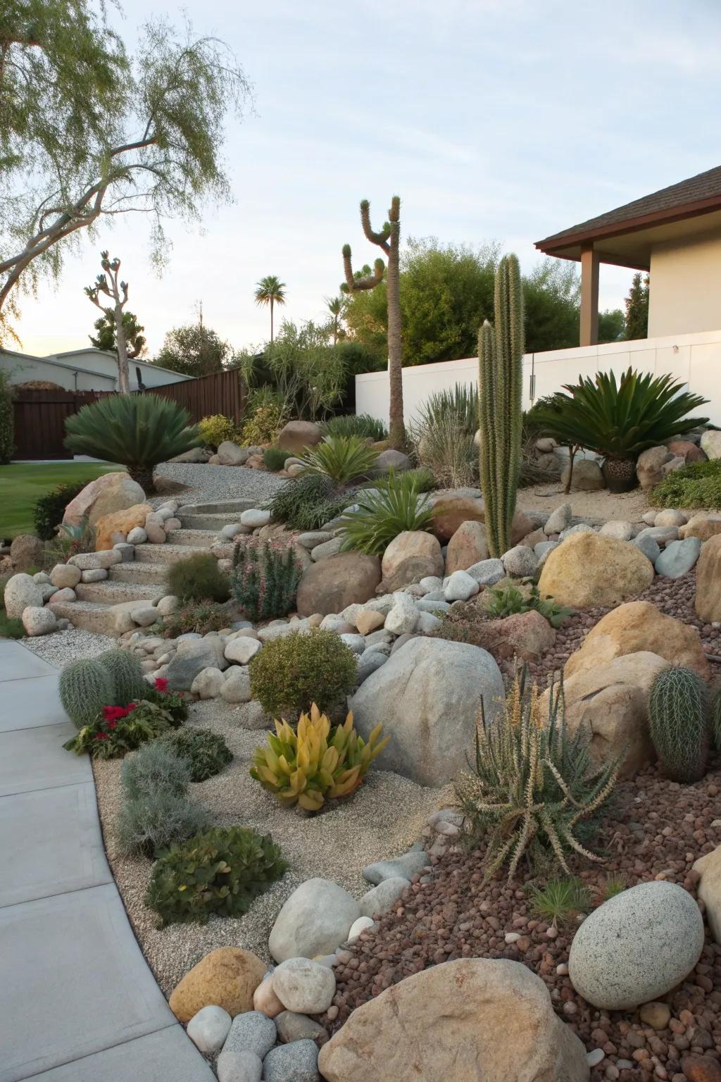 A rock garden with stones and drought-resistant plants provides an exotic look with minimal upkeep.