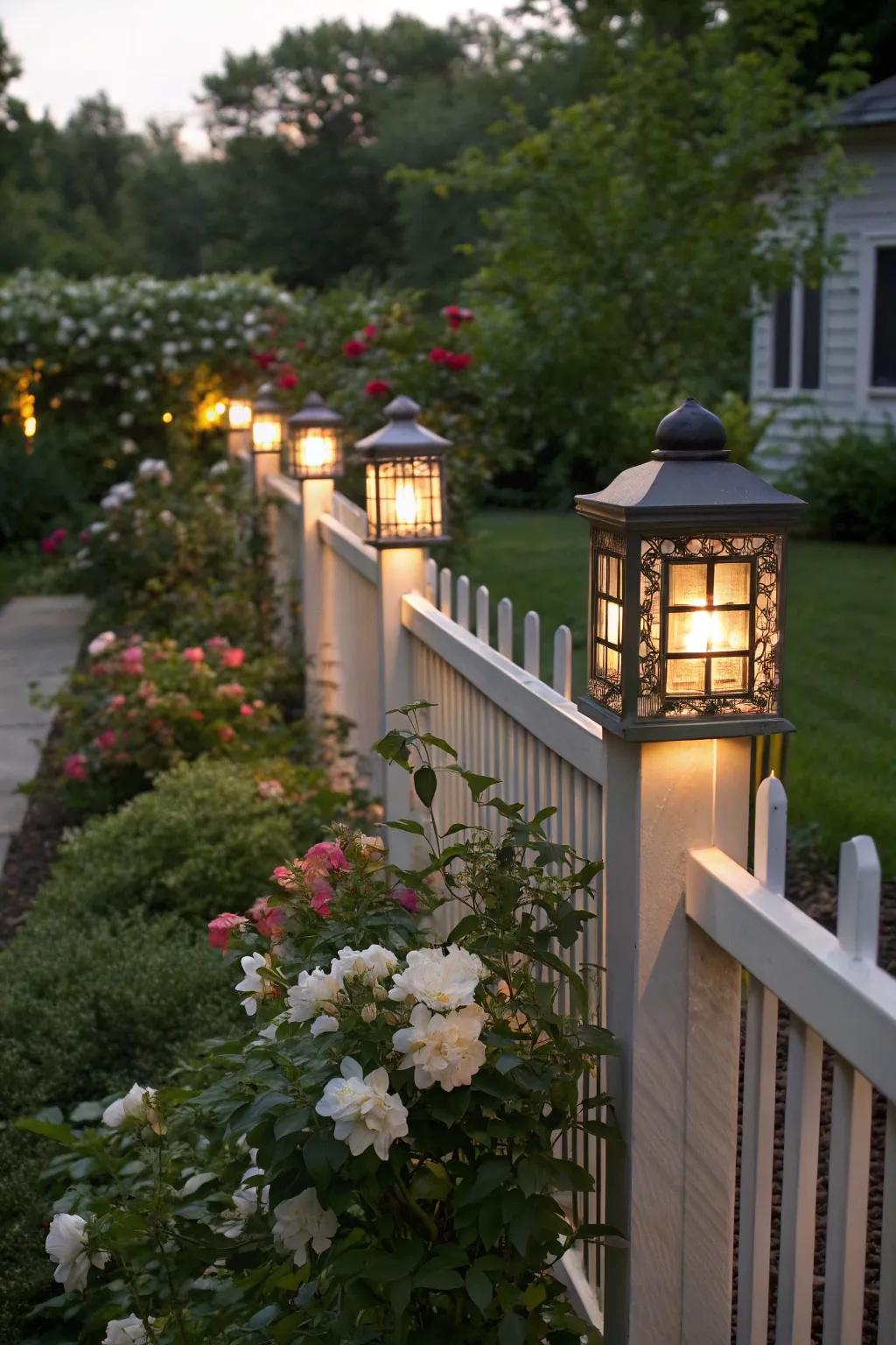 Fence post lighting defines garden boundaries with warmth.