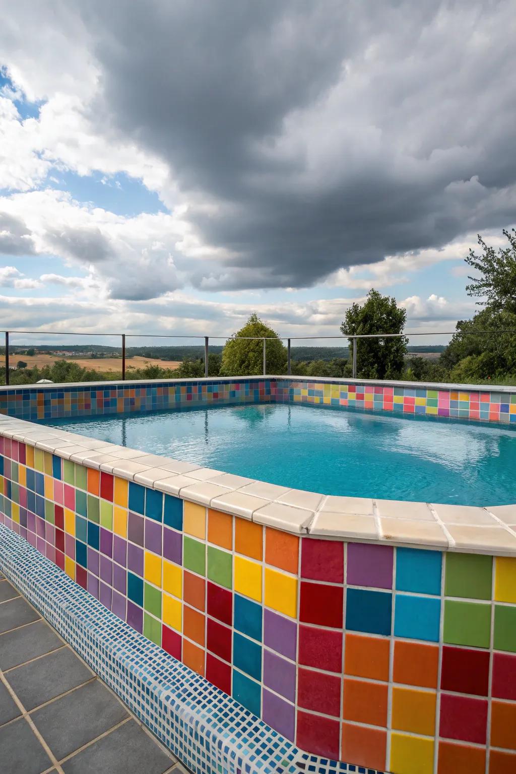 Colorful tiles add personality and vibrancy to above ground pools.