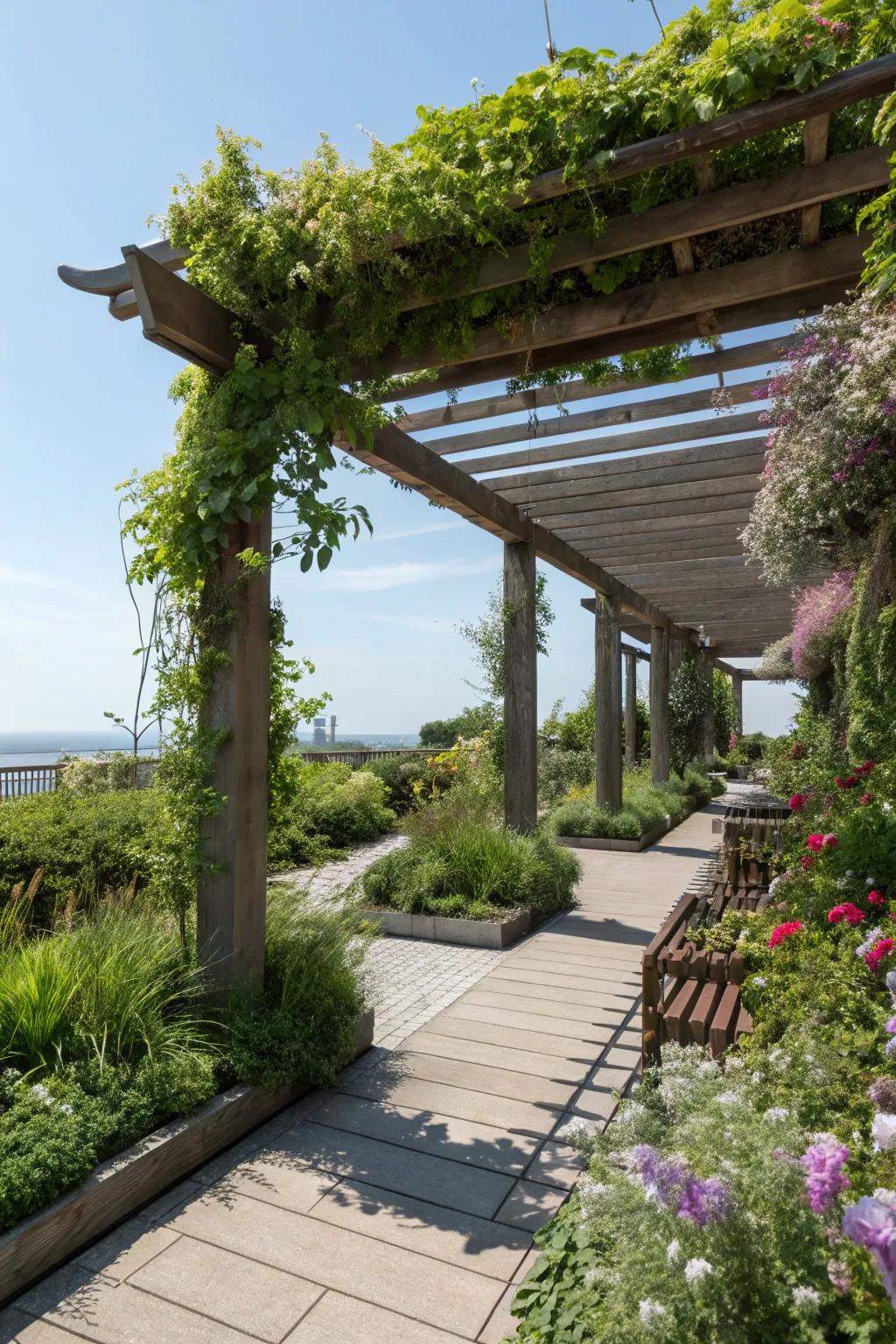 A rooftop garden on a pergola adds unique greenery and visual interest.
