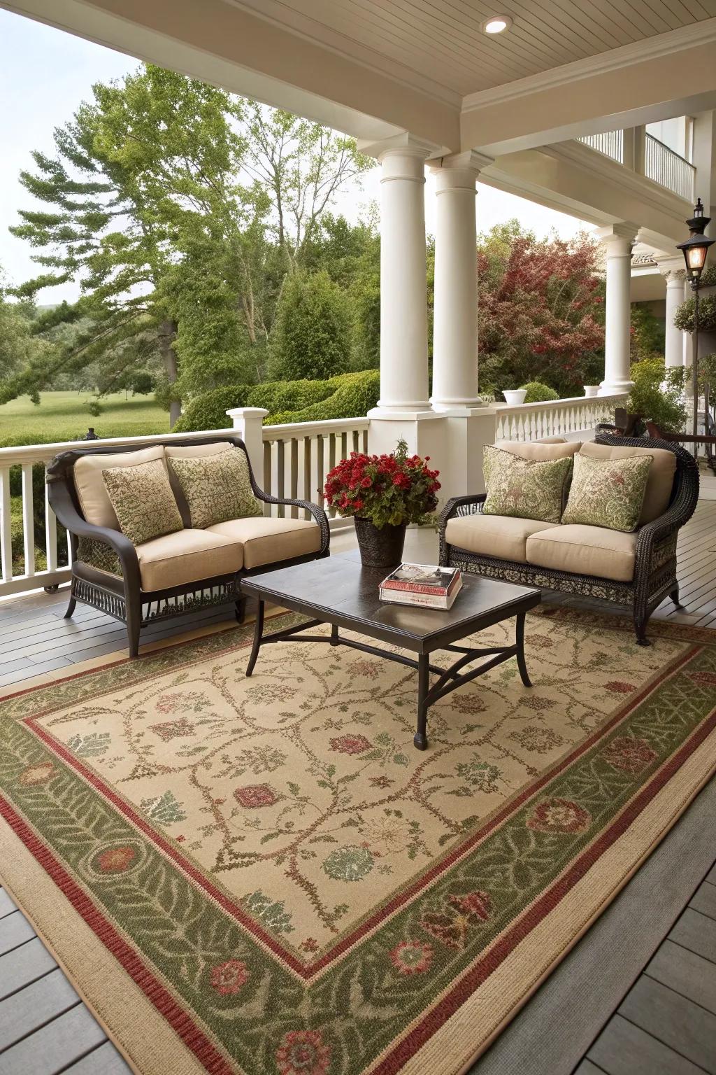 Define and enhance your porch space with a sophisticated and stylish outdoor rug.