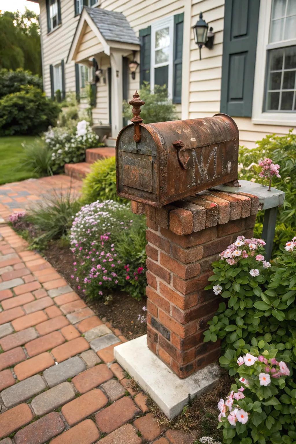 Copper and brick edging combine for a vintage, sophisticated mailbox design.