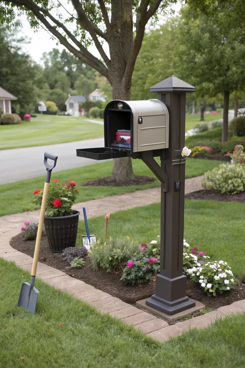 Add functionality with a mailbox stand that includes a storage compartment.