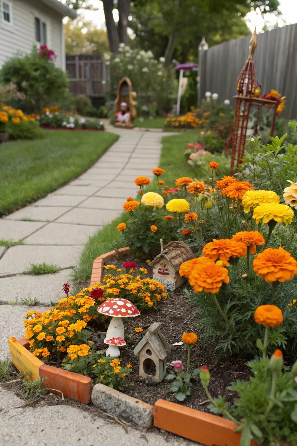 Whimsical marigold fairy garden.