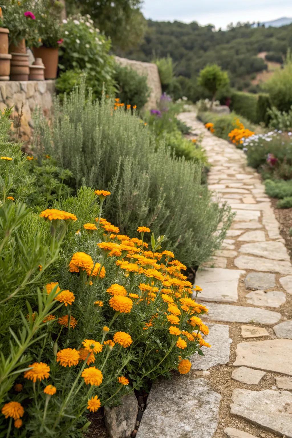 A Mediterranean-inspired garden border with marigolds and herbs.