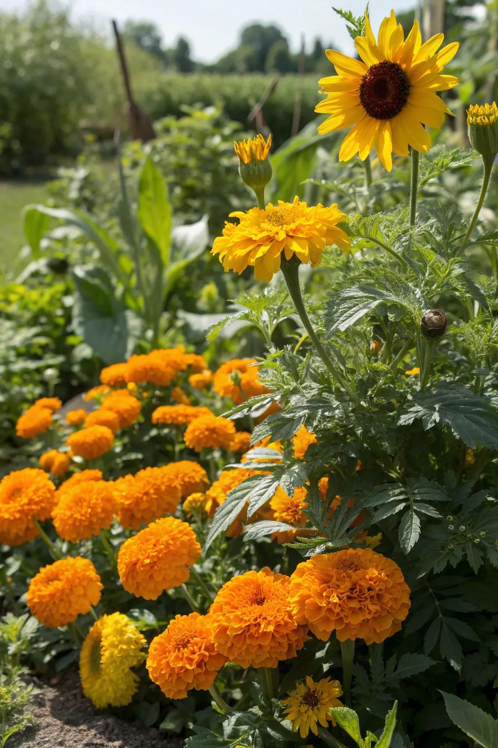 A bold garden display with marigolds paired with towering sunflowers.