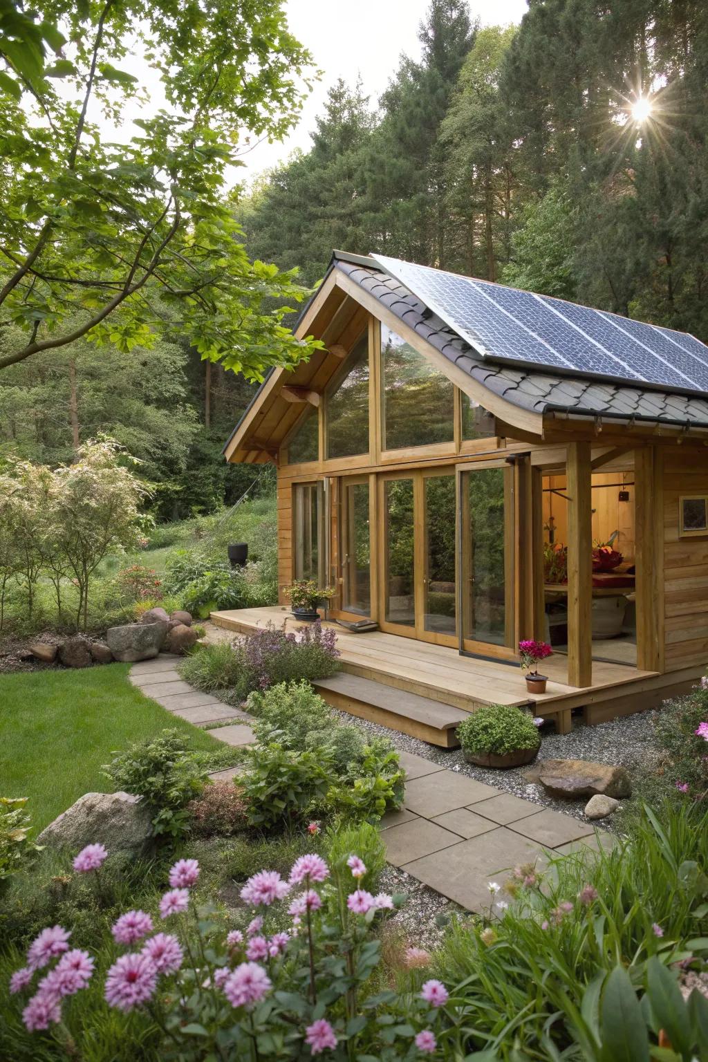 An eco-friendly meditation shed featuring solar lighting and sustainable design.