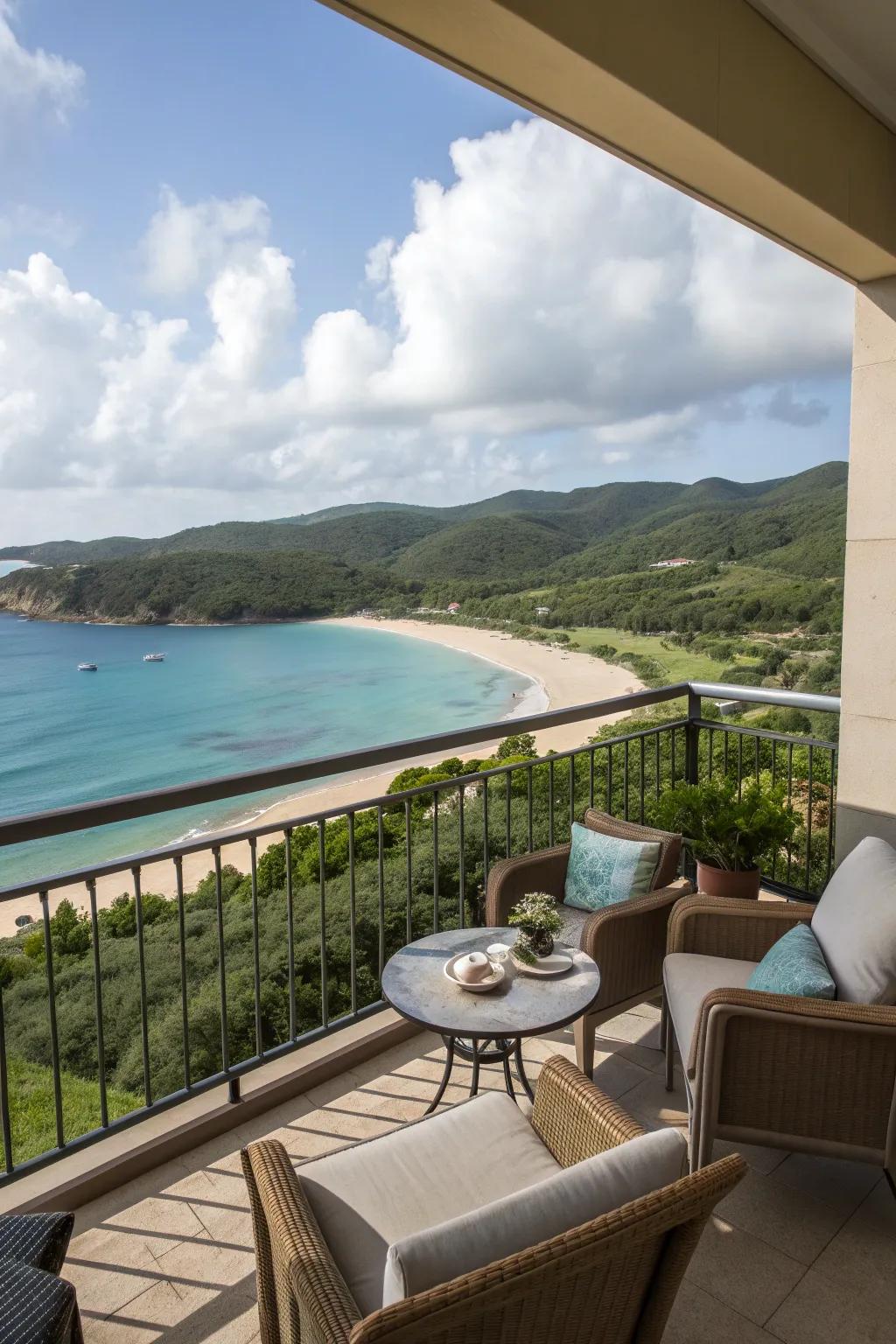Seating arranged to capture stunning views enhances relaxation on this balcony.
