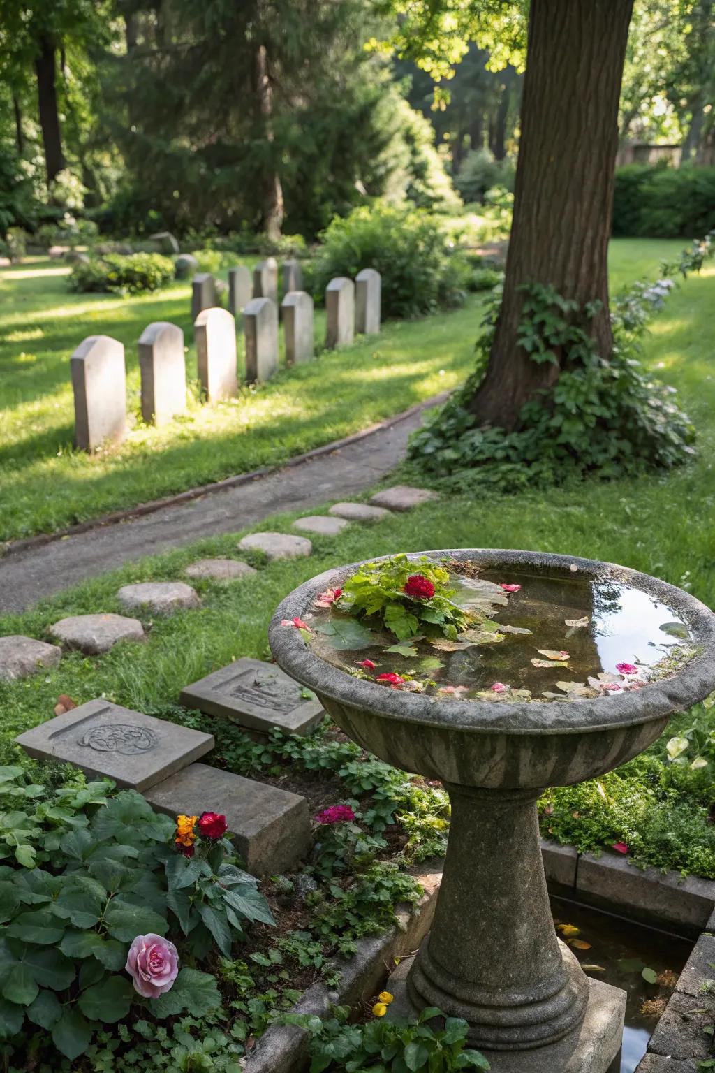 Birdbaths bring life and movement to the memorial garden.