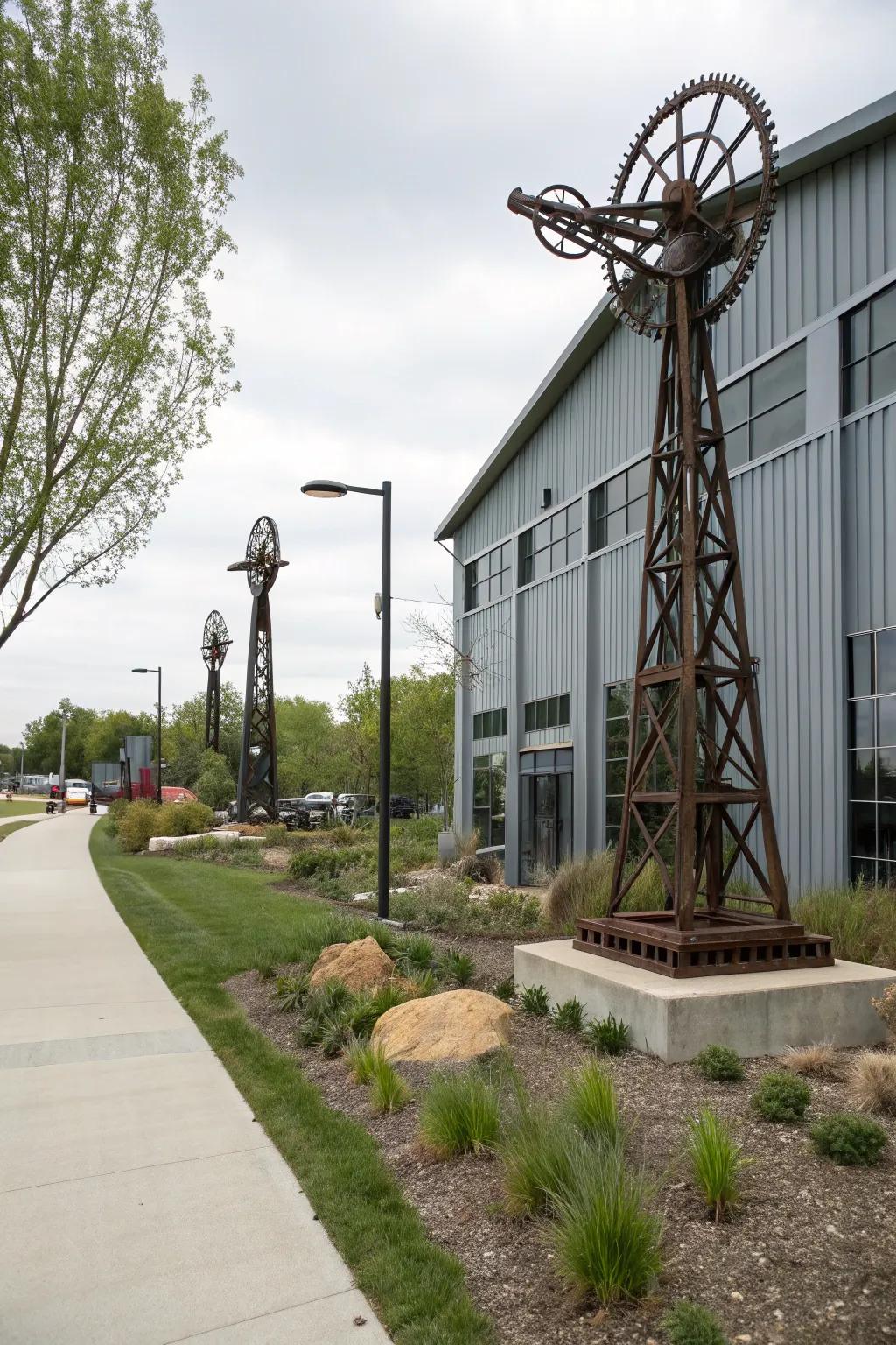 Artistic sculptures adding character to a metal building's surroundings.
