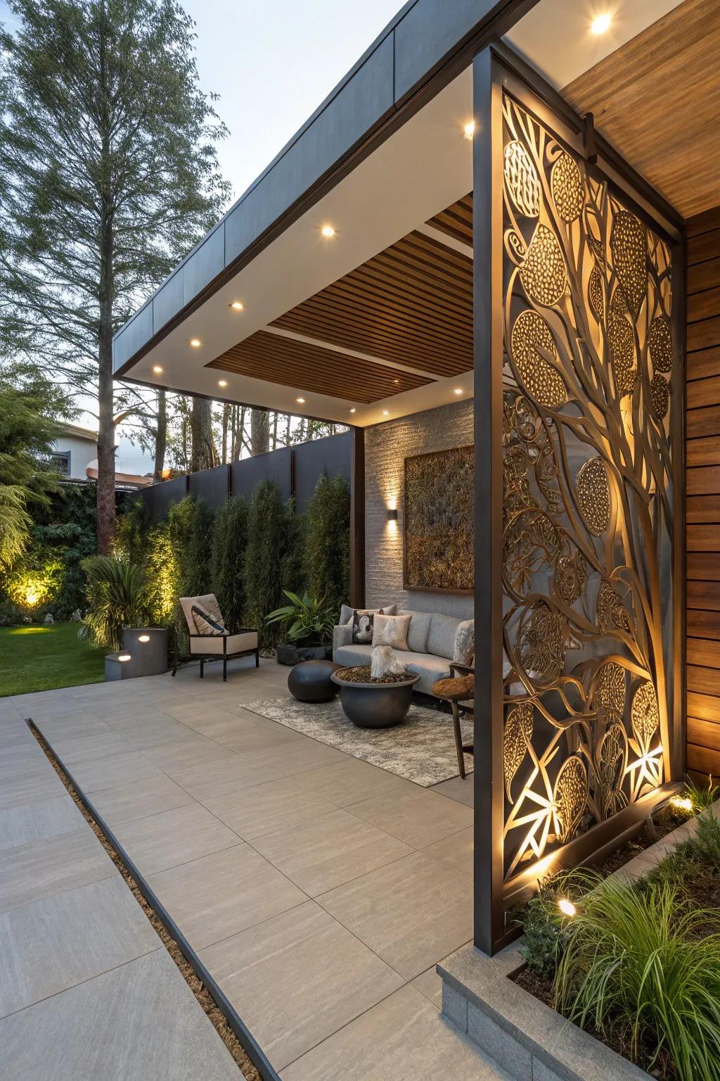 A striking metal feature wall adding depth and interest to this contemporary patio.