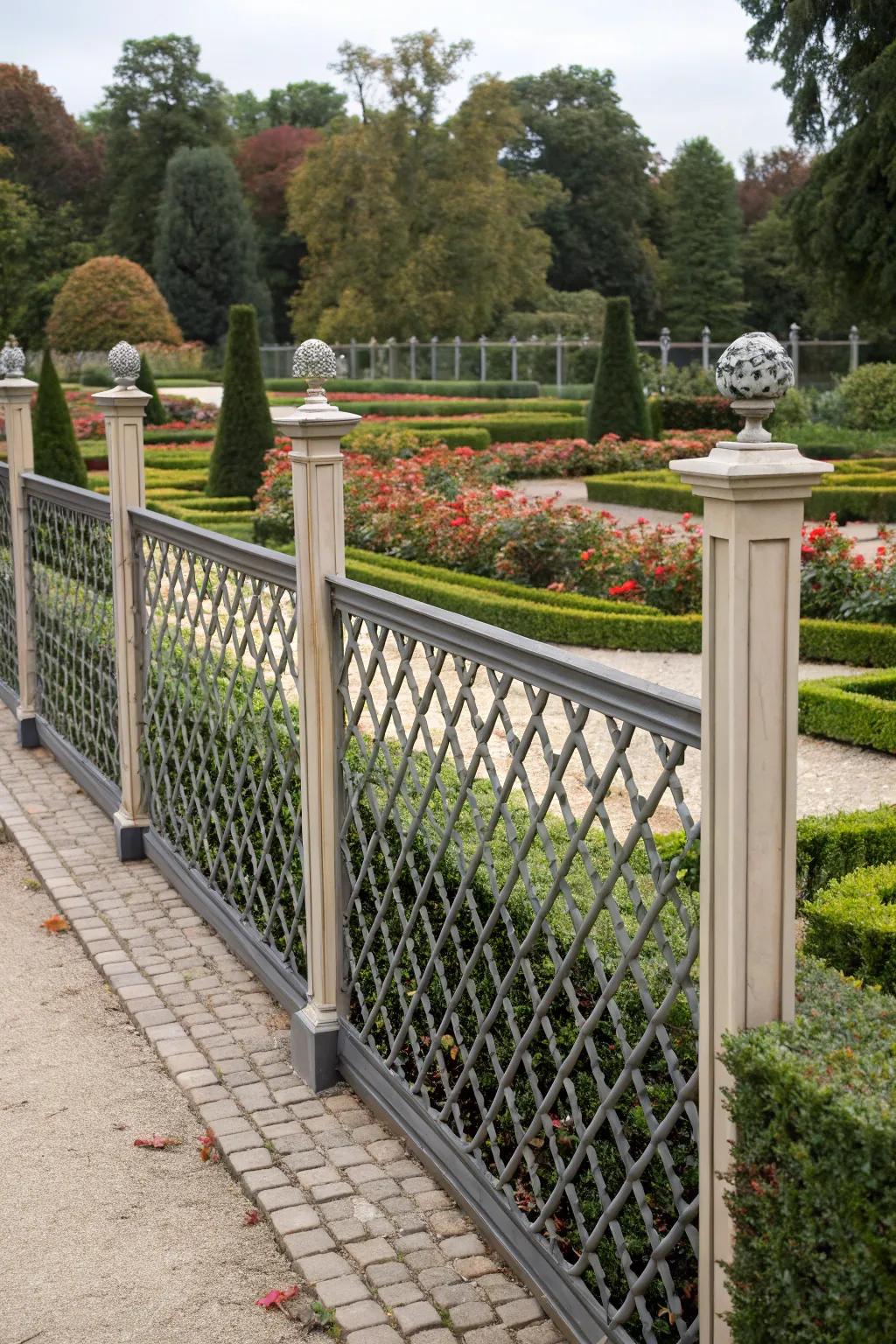 Elegant garden with a decorative lattice fence and metal posts.
