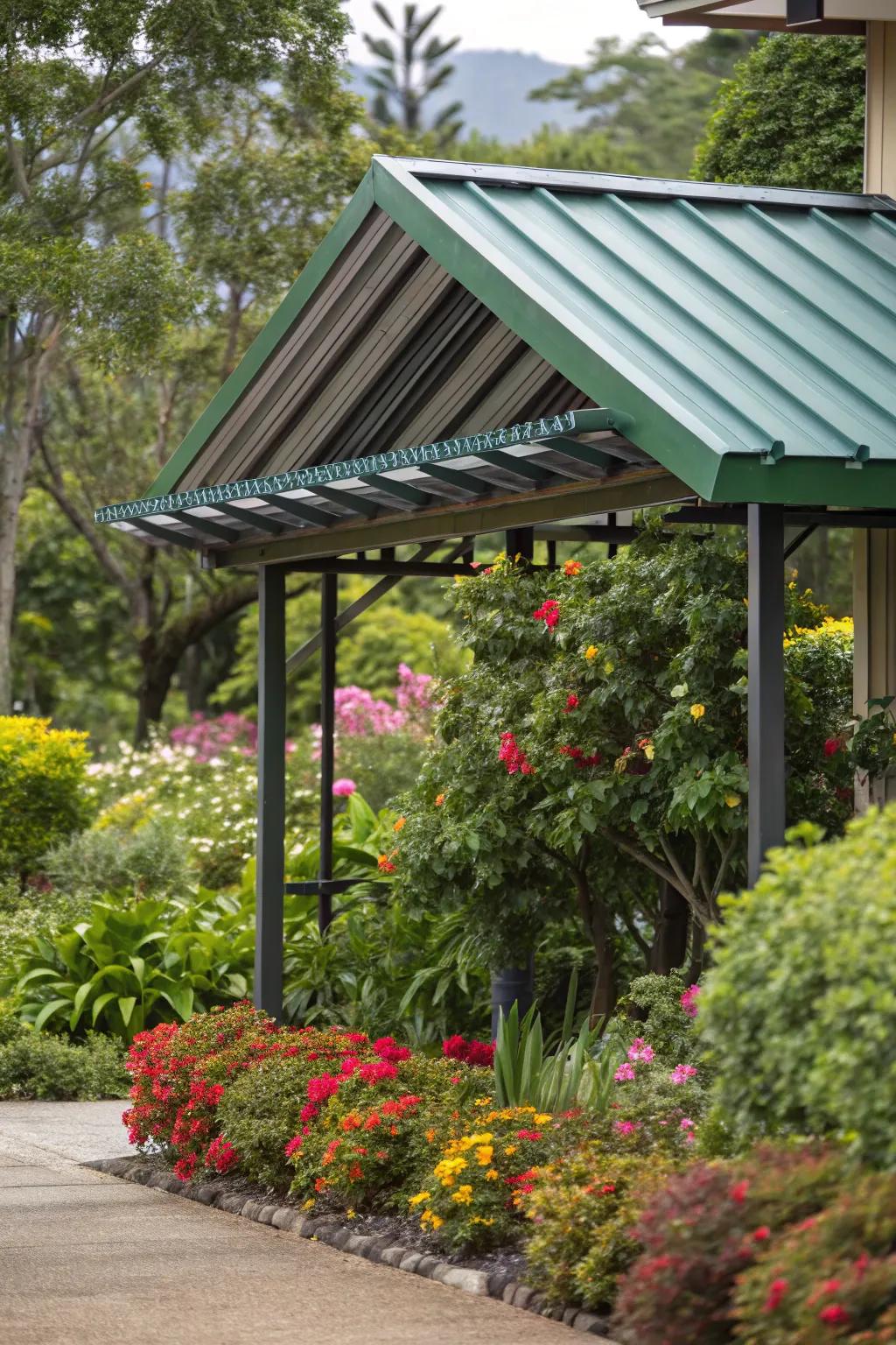 Green roof awning creates a garden oasis.