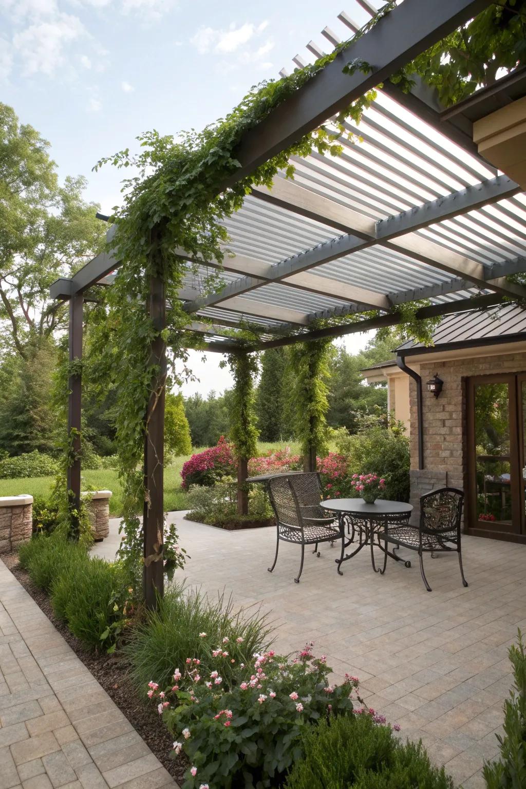 A hybrid pergola with a metal roof for added charm and utility.