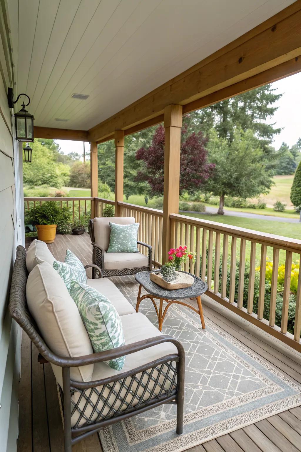 Comfortable seating with durable cushions invites relaxation.